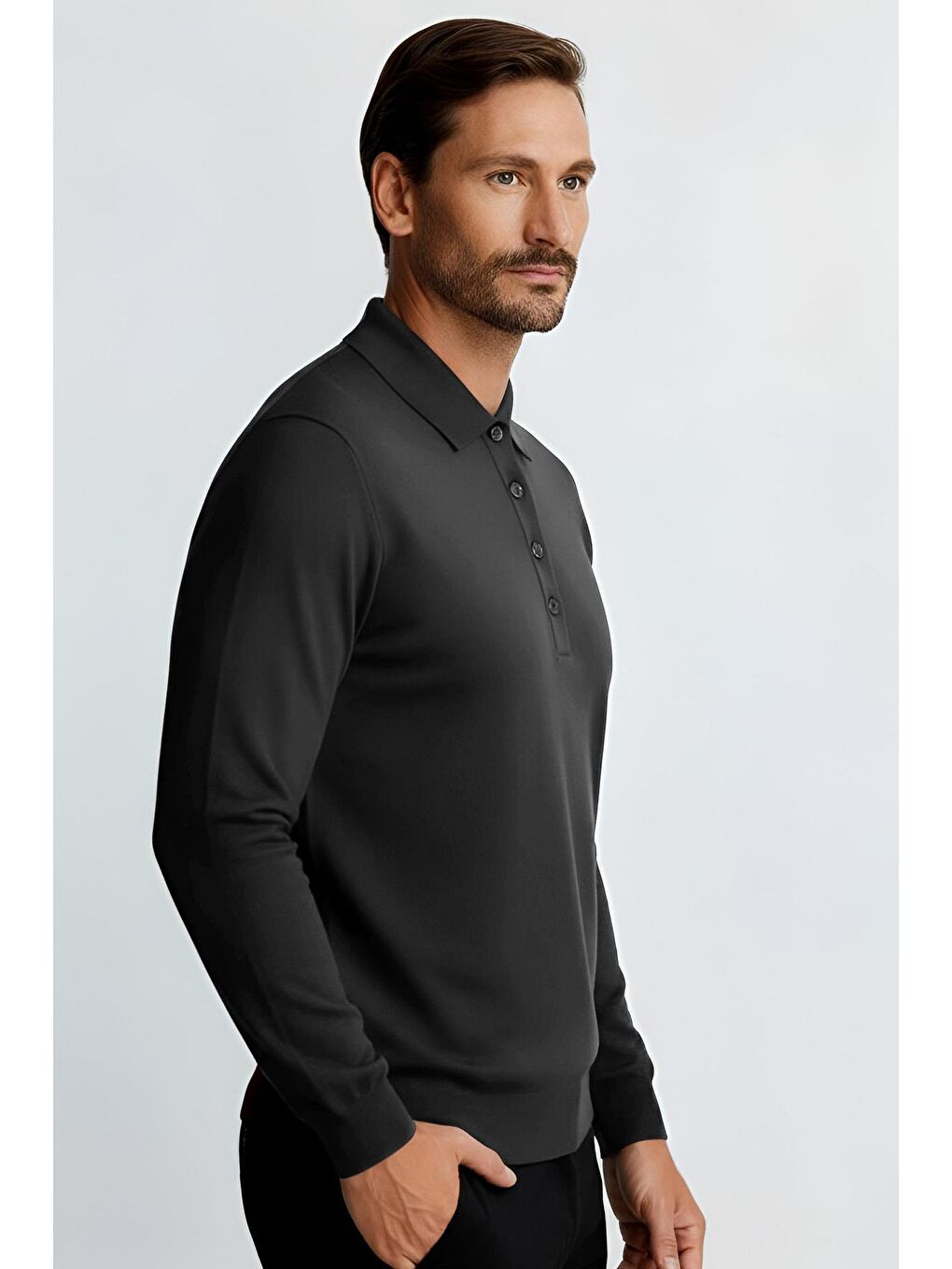 Gri Antrasit Dar Kalıp Polo Yaka Düz Uzun Kollu Triko-1