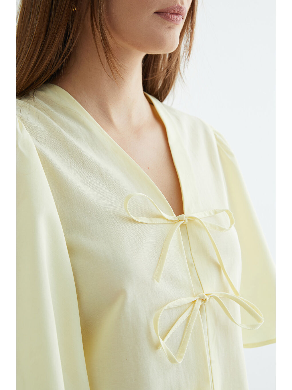 Sarı Önden Bağlamalı Geniş Kol Bluz-4