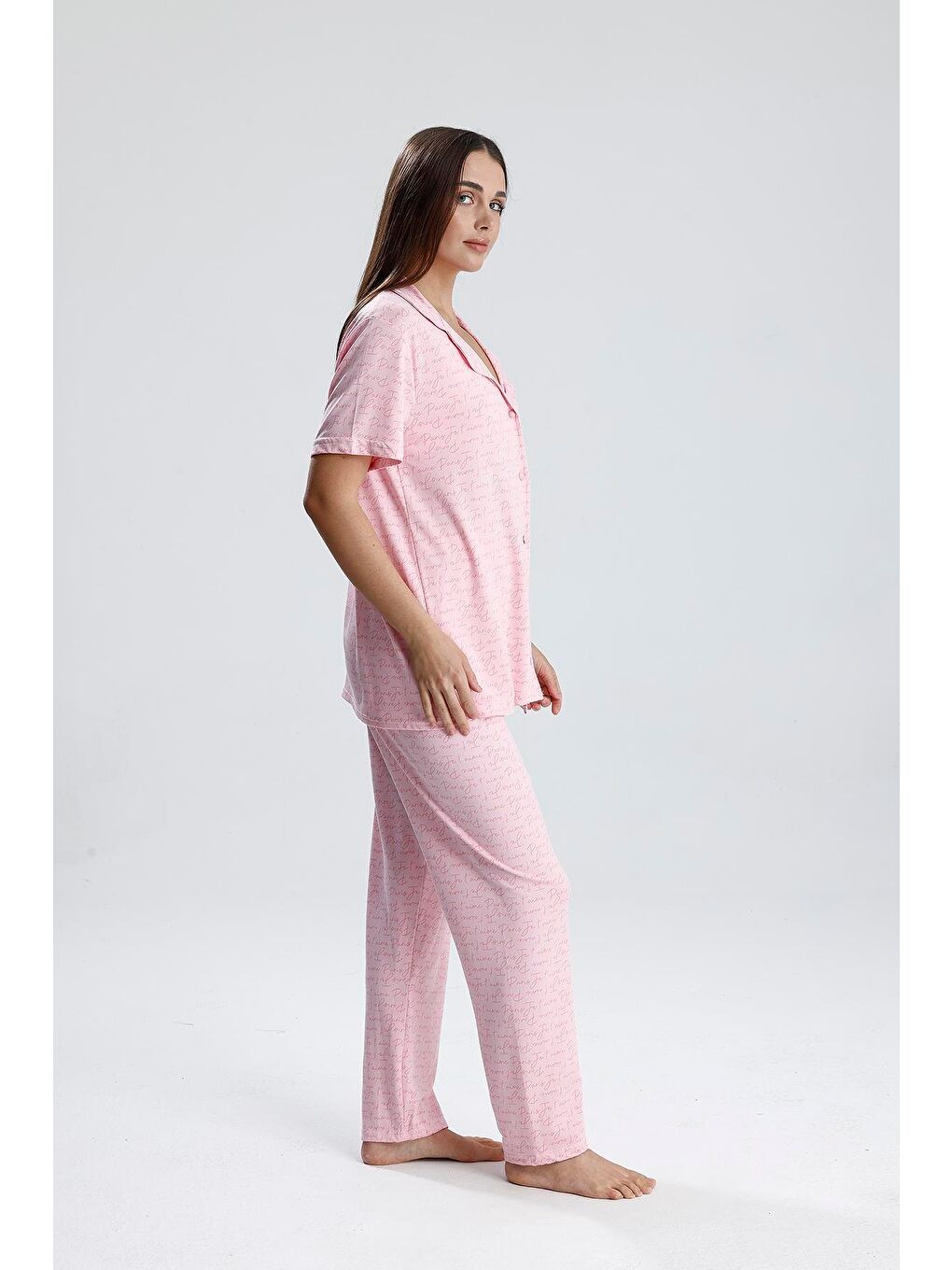 Kadın Önden Düğmeli  Pijama Takım | Pembe Paris-3
