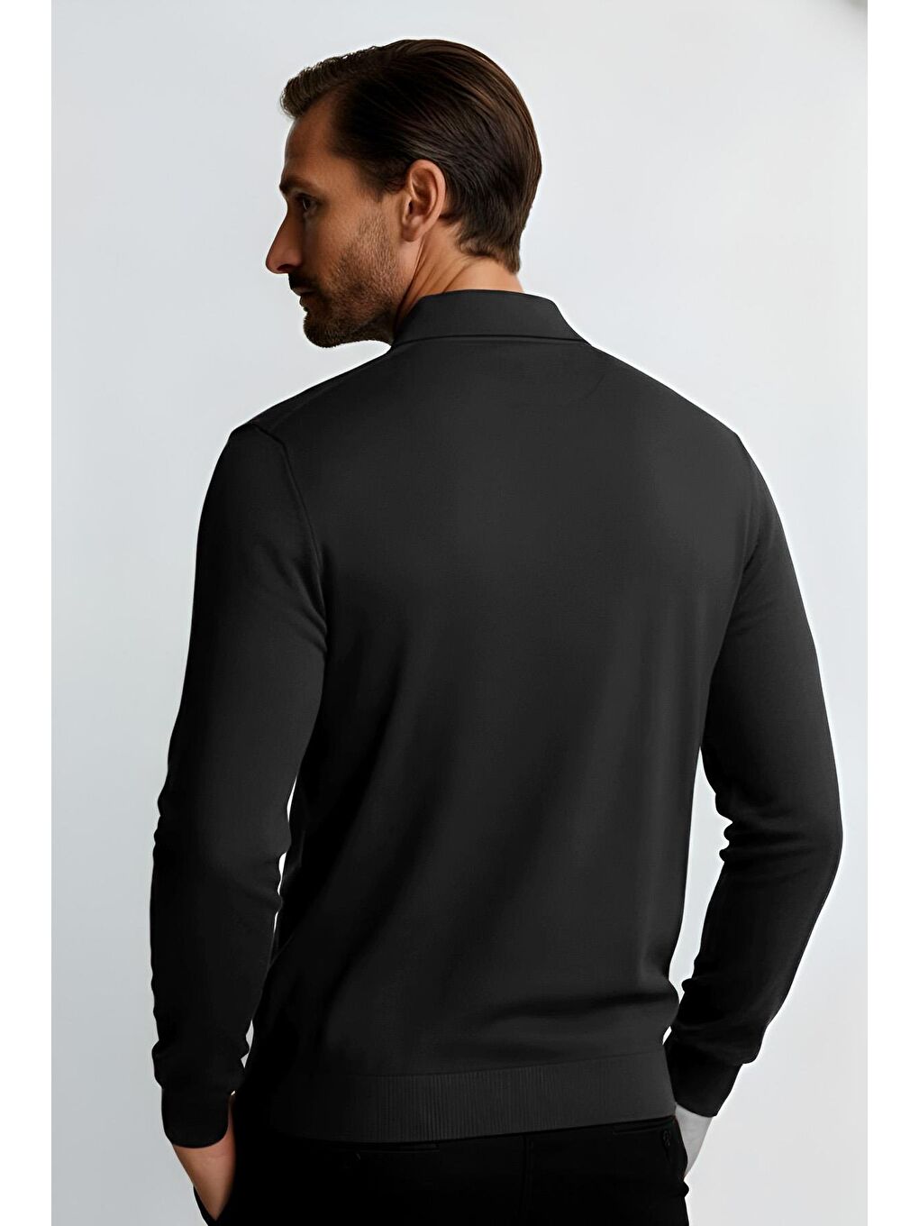 Gri Antrasit Dar Kalıp Polo Yaka Düz Uzun Kollu Triko-2