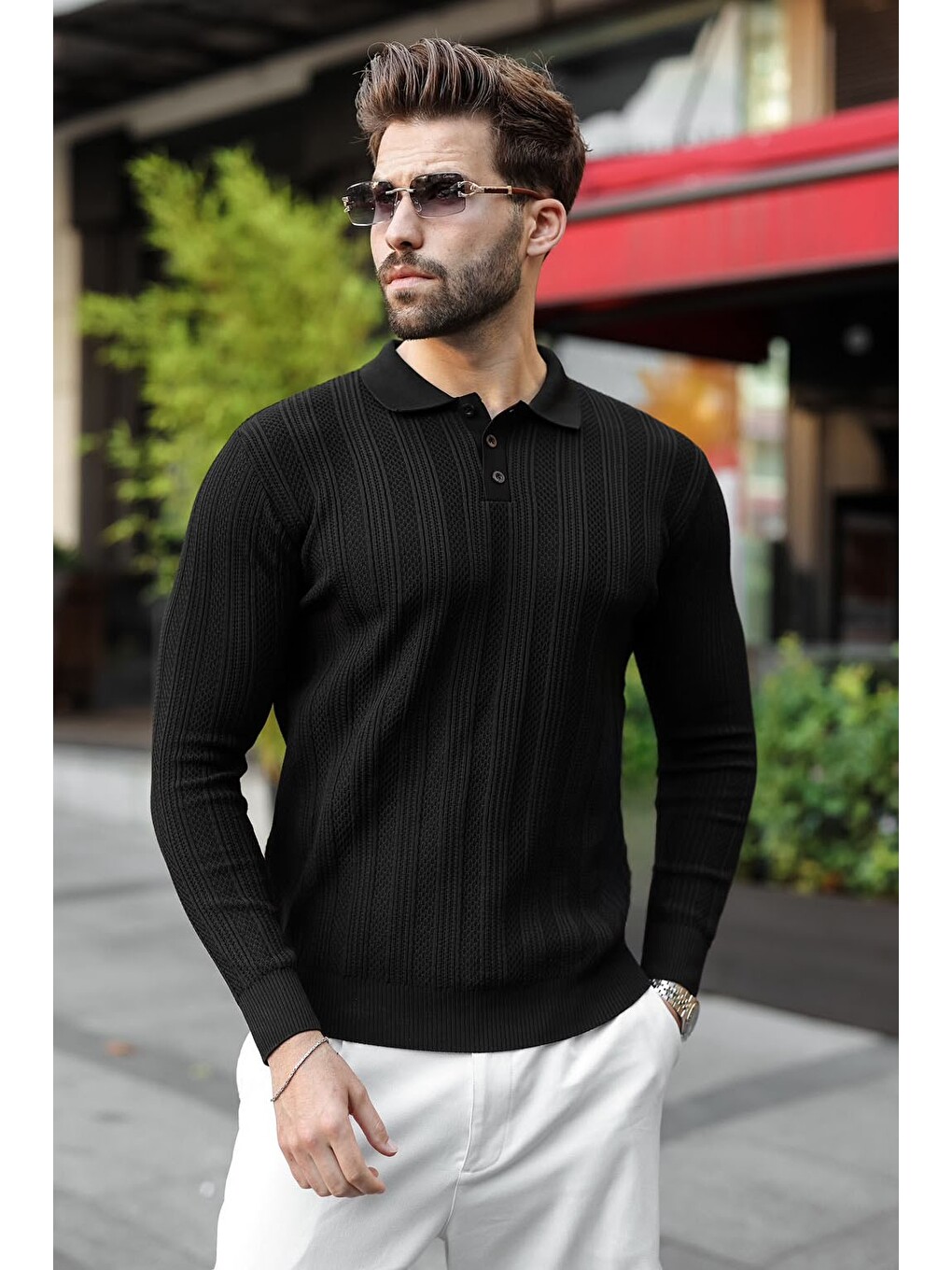 Siyah Düğmeli Polo Yaka Desenli Over Fit Erkek Triko Kazak E7520