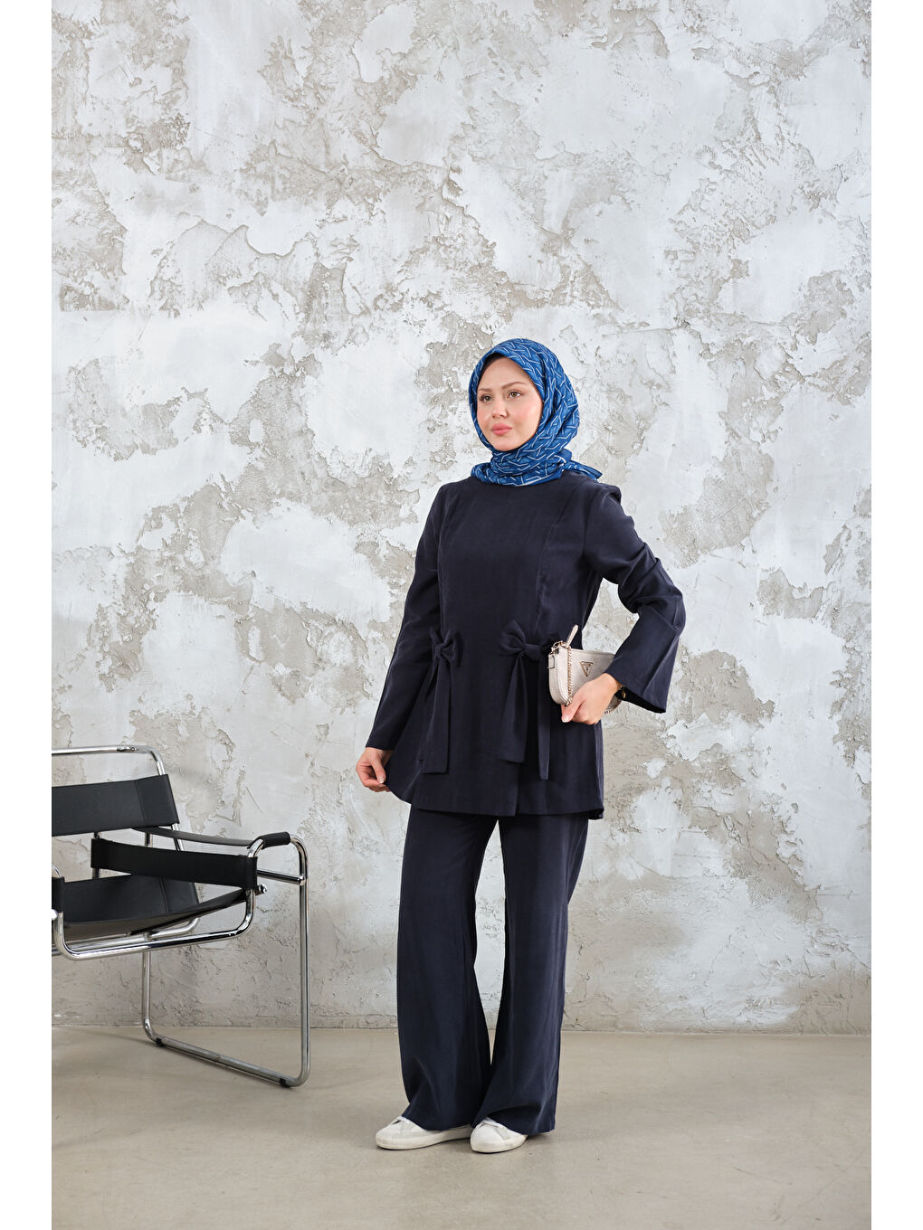Kadın Bisiklet Yaka Kurdele Detay Modal Takım Lacivert-3