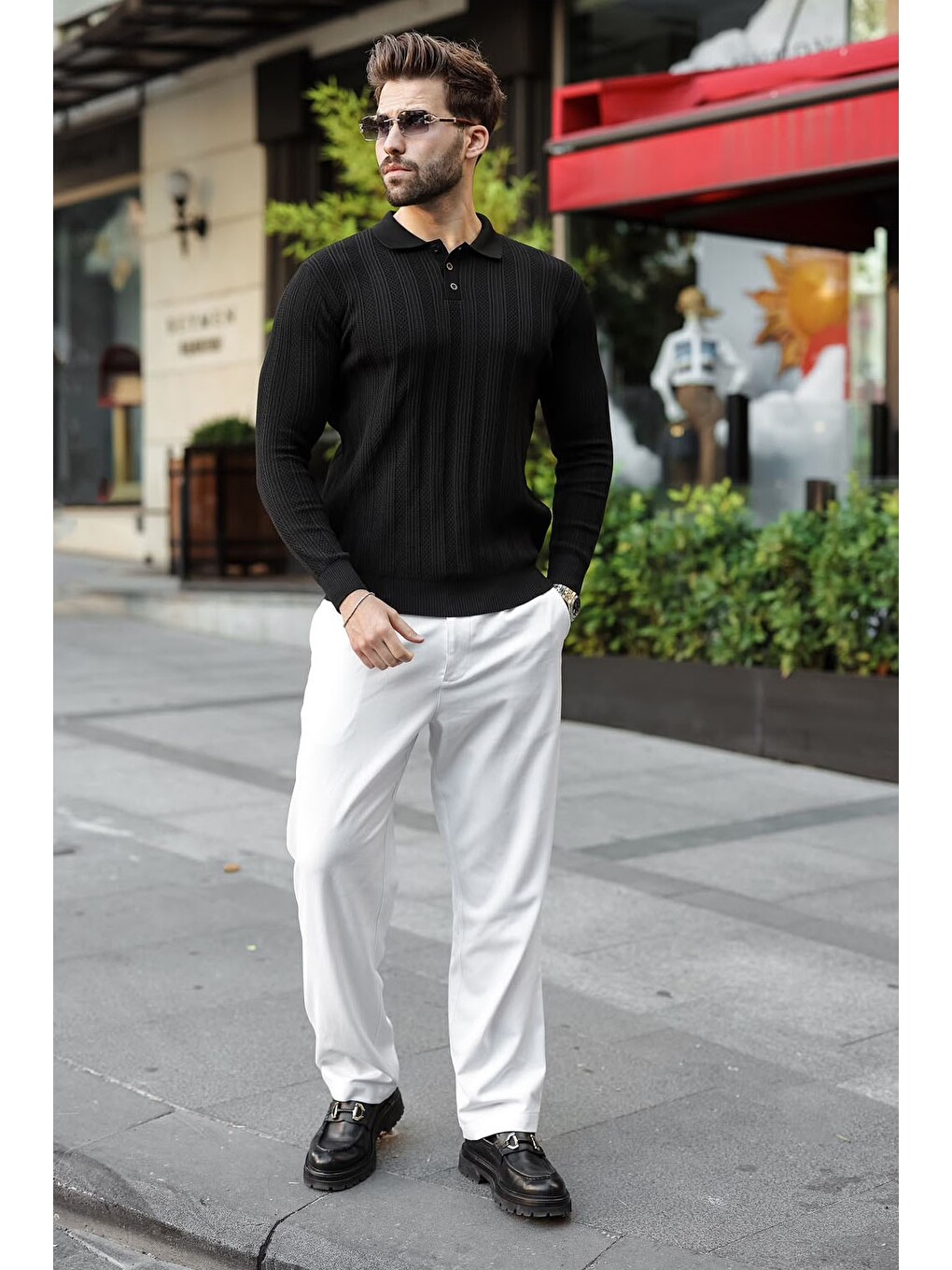 Siyah Düğmeli Polo Yaka Desenli Over Fit Erkek Triko Kazak E7520-3