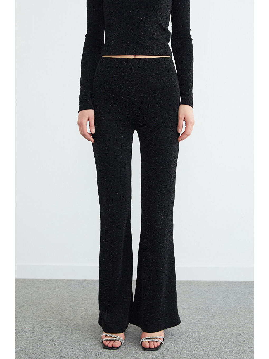 Siyah Beli Lastikli Taşlı Simli Flare Pantolon-2