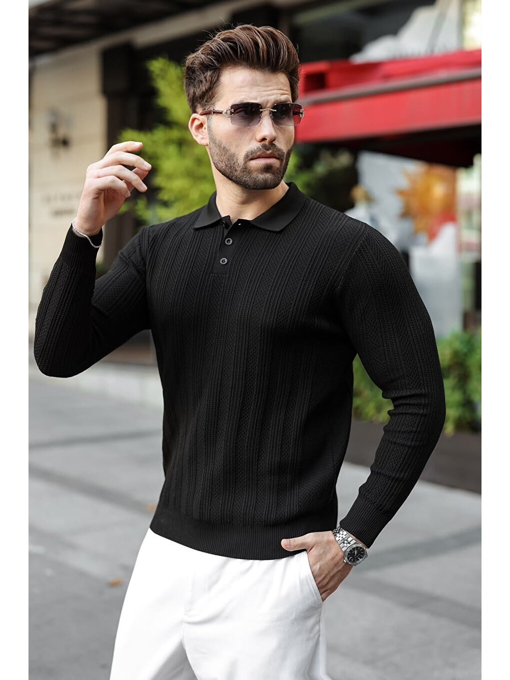 Siyah Düğmeli Polo Yaka Desenli Over Fit Erkek Triko Kazak E7520-4