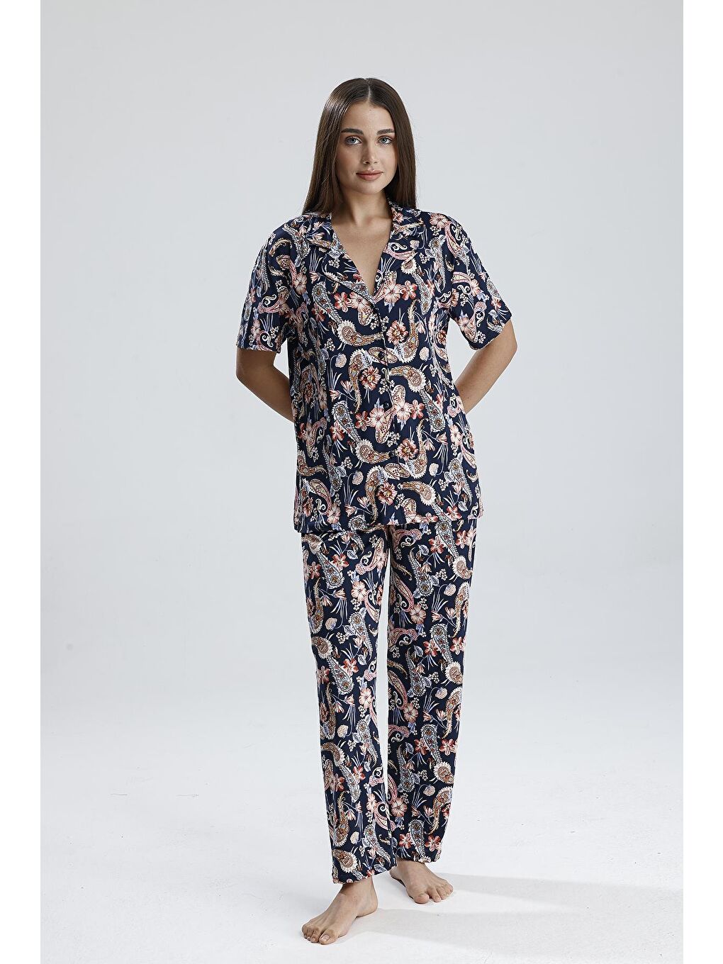 Lacivert Kadın Önden Düğmeli Şal Desen Pijama Takım