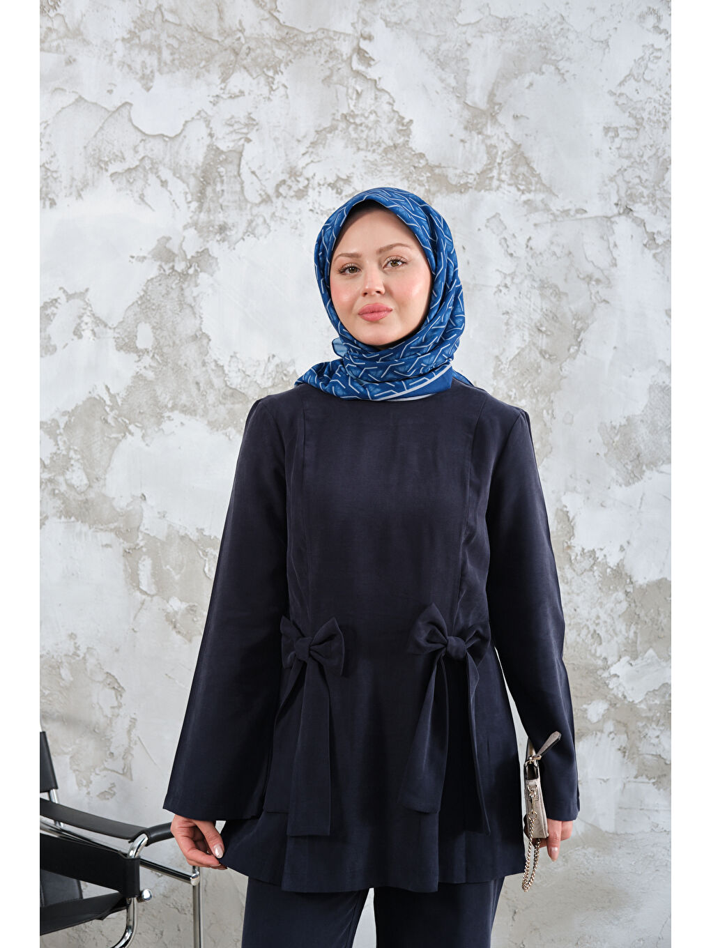 Kadın Bisiklet Yaka Kurdele Detay Modal Takım Lacivert-4