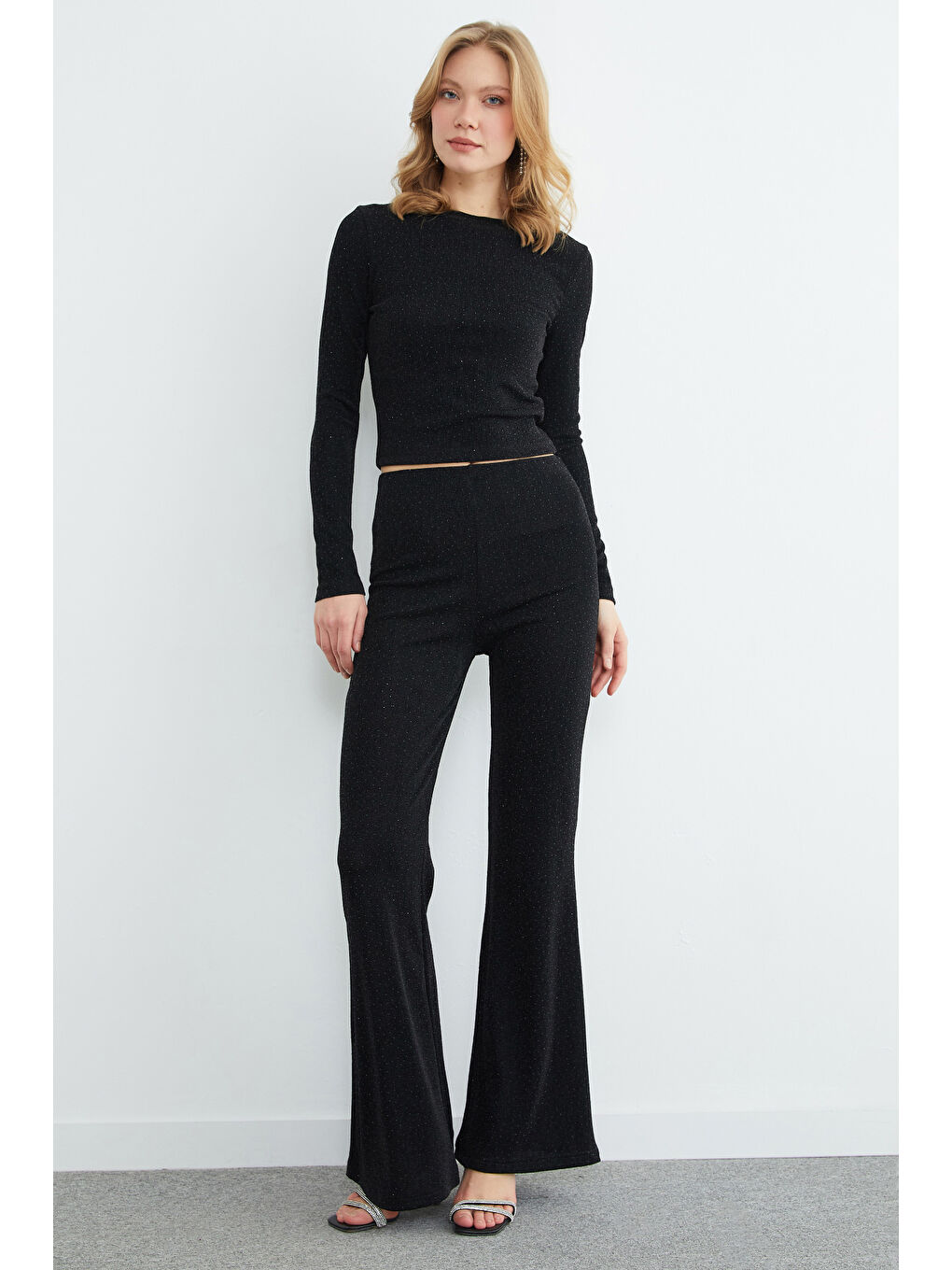 Siyah Beli Lastikli Taşlı Simli Flare Pantolon-4