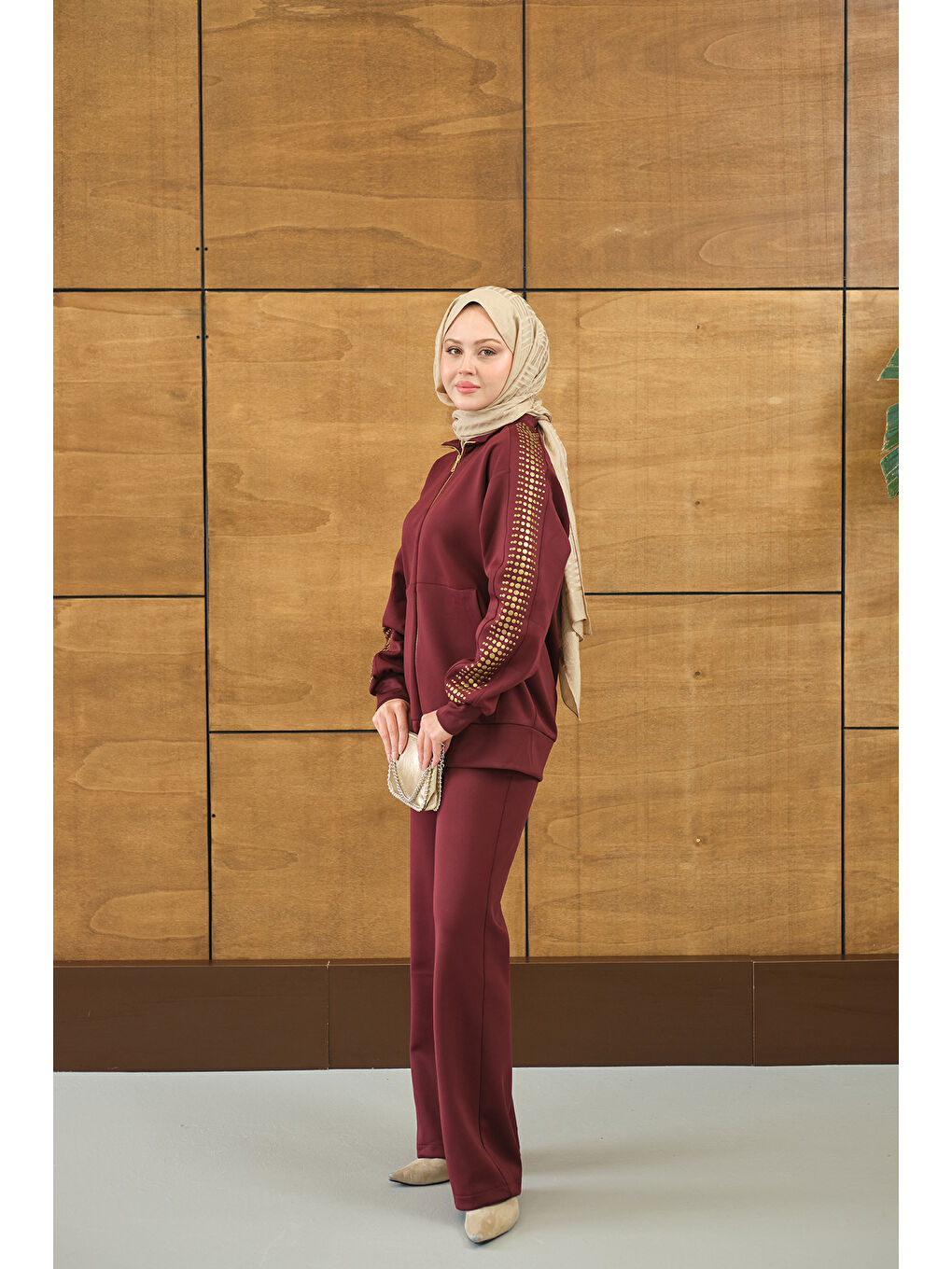 Kadın Omuz Gold Drop Detay Önü Cepli Fermuar Detay Takım Bordo-2