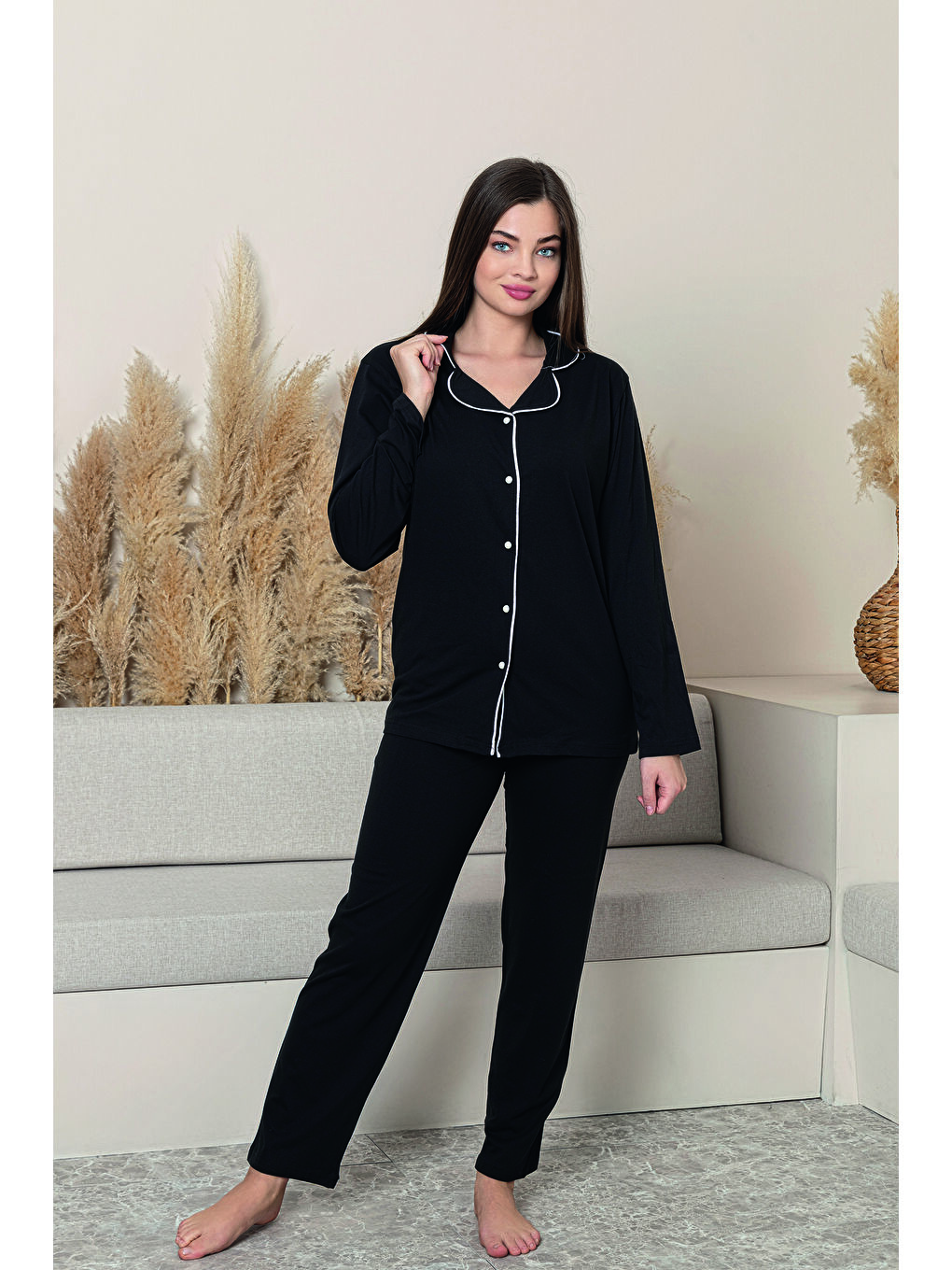 Kadın Siyah %100 Pamuk Biyeli Yüksek Kaliteli Gömlek Yaka Düğmeli Uzun Kollu Pijama Takımı
