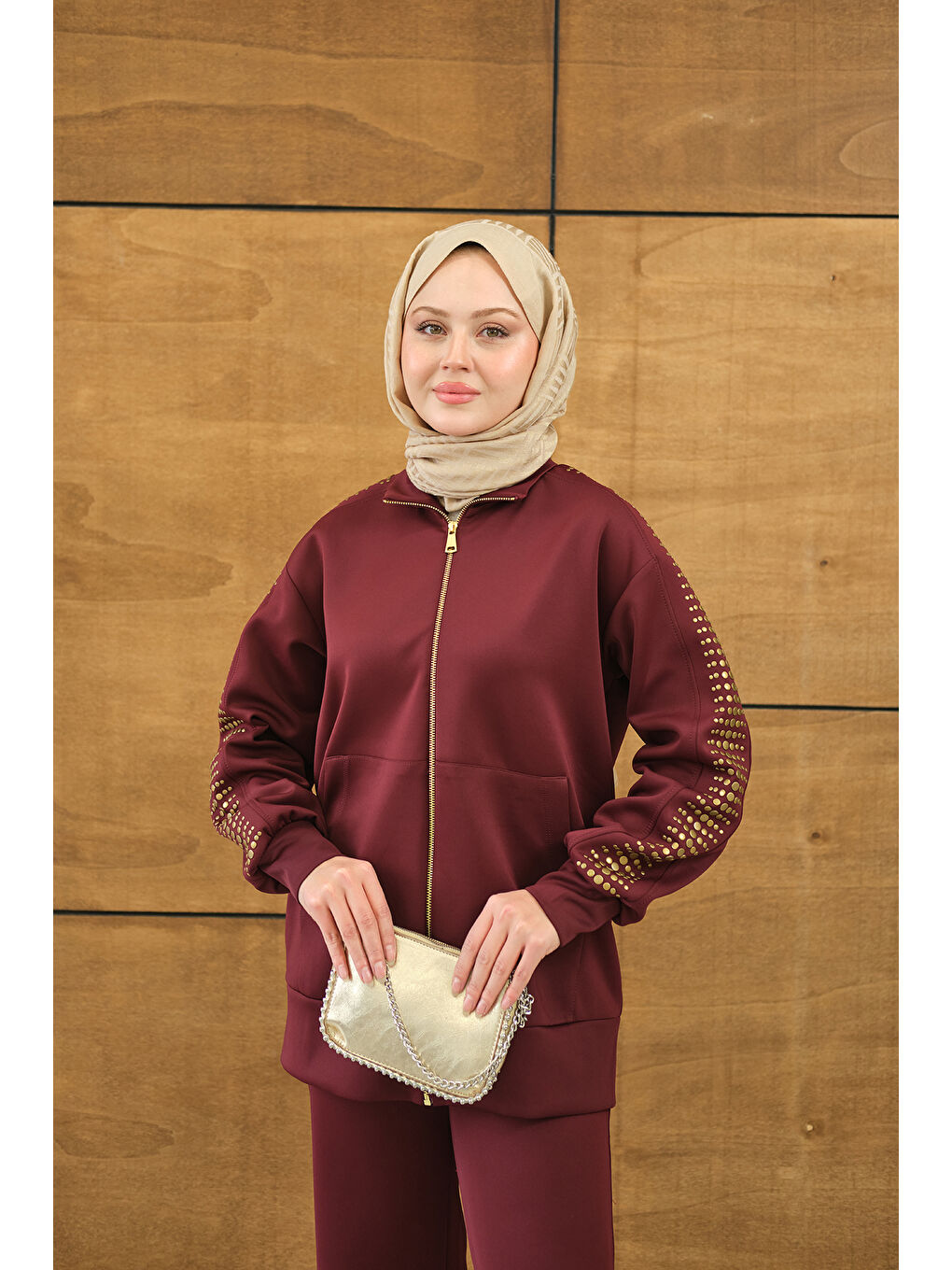 Kadın Omuz Gold Drop Detay Önü Cepli Fermuar Detay Takım Bordo-4