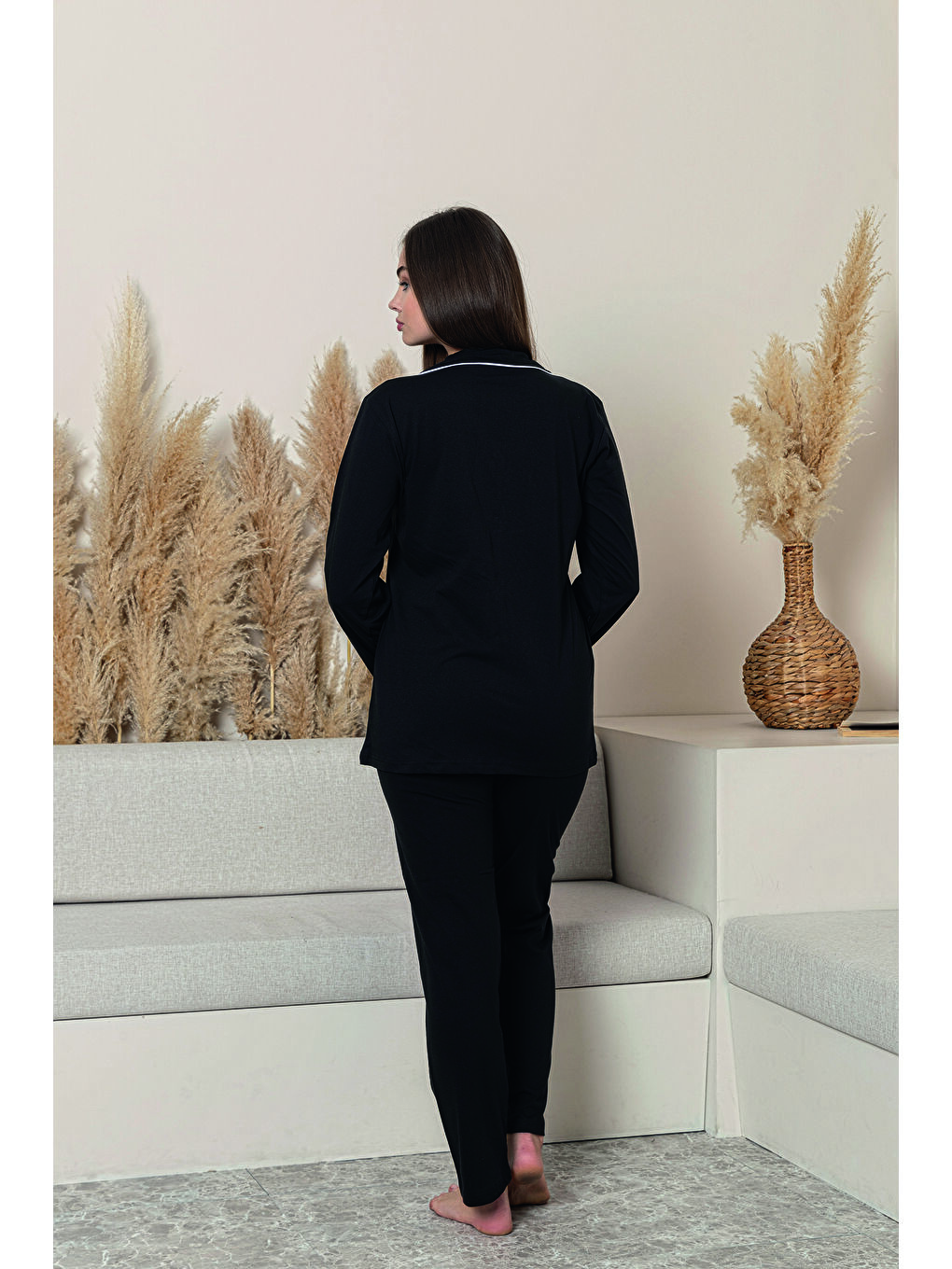 Kadın Siyah %100 Pamuk Biyeli Yüksek Kaliteli Gömlek Yaka Düğmeli Uzun Kollu Pijama Takımı-2