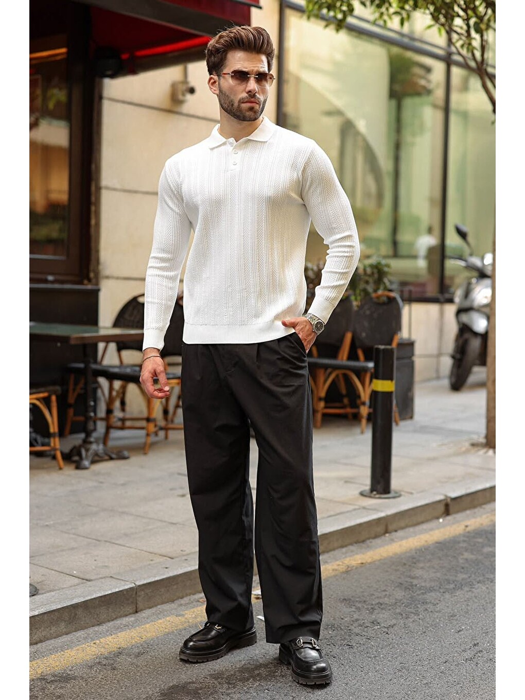 Beyaz Düğmeli Polo Yaka Desenli Over Fit Erkek Triko Kazak E7520-3