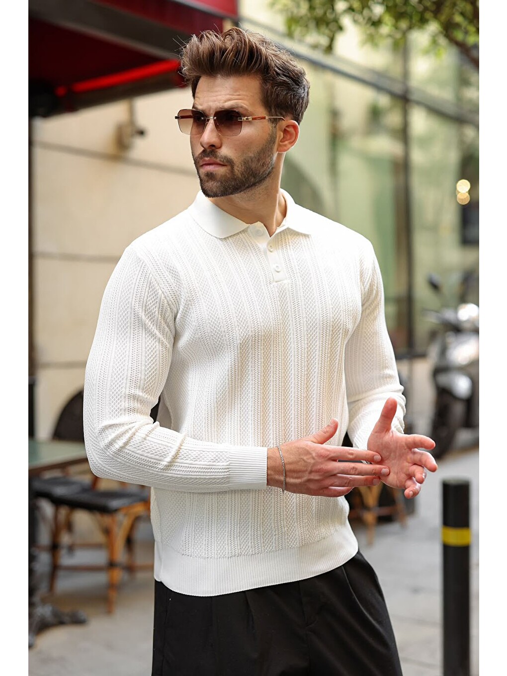 Beyaz Düğmeli Polo Yaka Desenli Over Fit Erkek Triko Kazak E7520-4