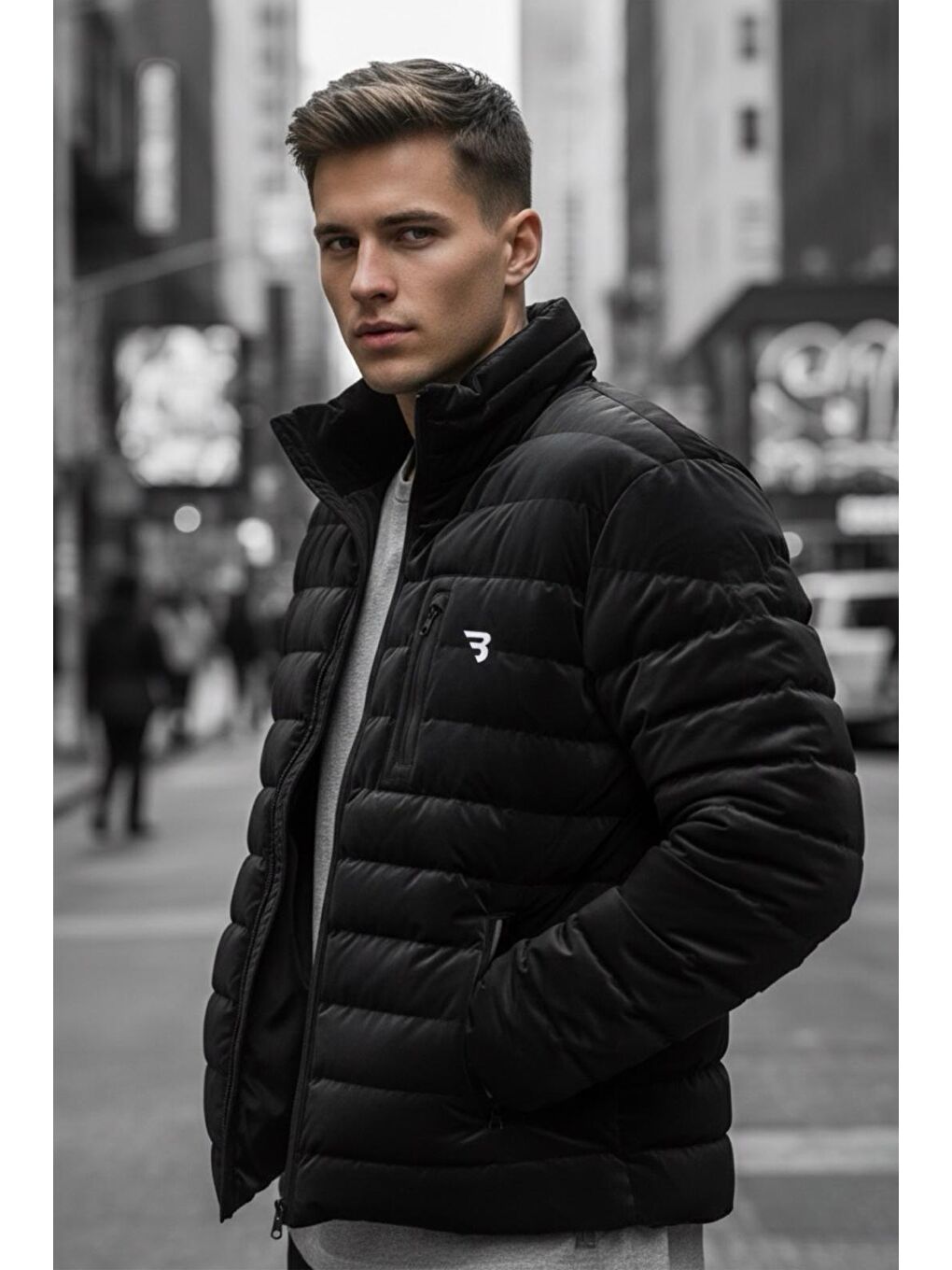 Siyah Burnyy Parlak Nova Kumaş Dik Yaka Slim Fit Şişme Erkek Mont