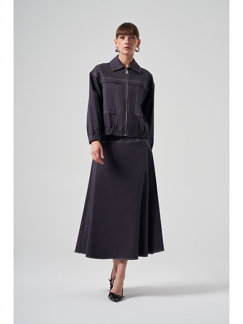 Fermuarlı Kısa Ceket 6027 Antrasit-3