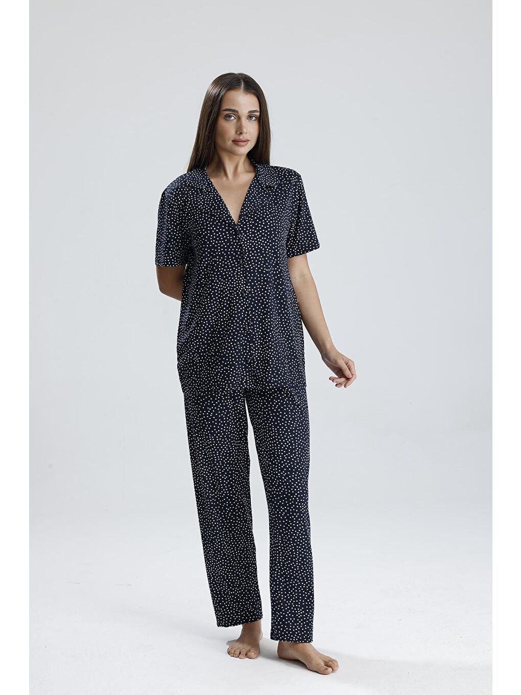 Kadın Puantiye Desen Önden Düğmeli Pijama Takım | Lacivert-2