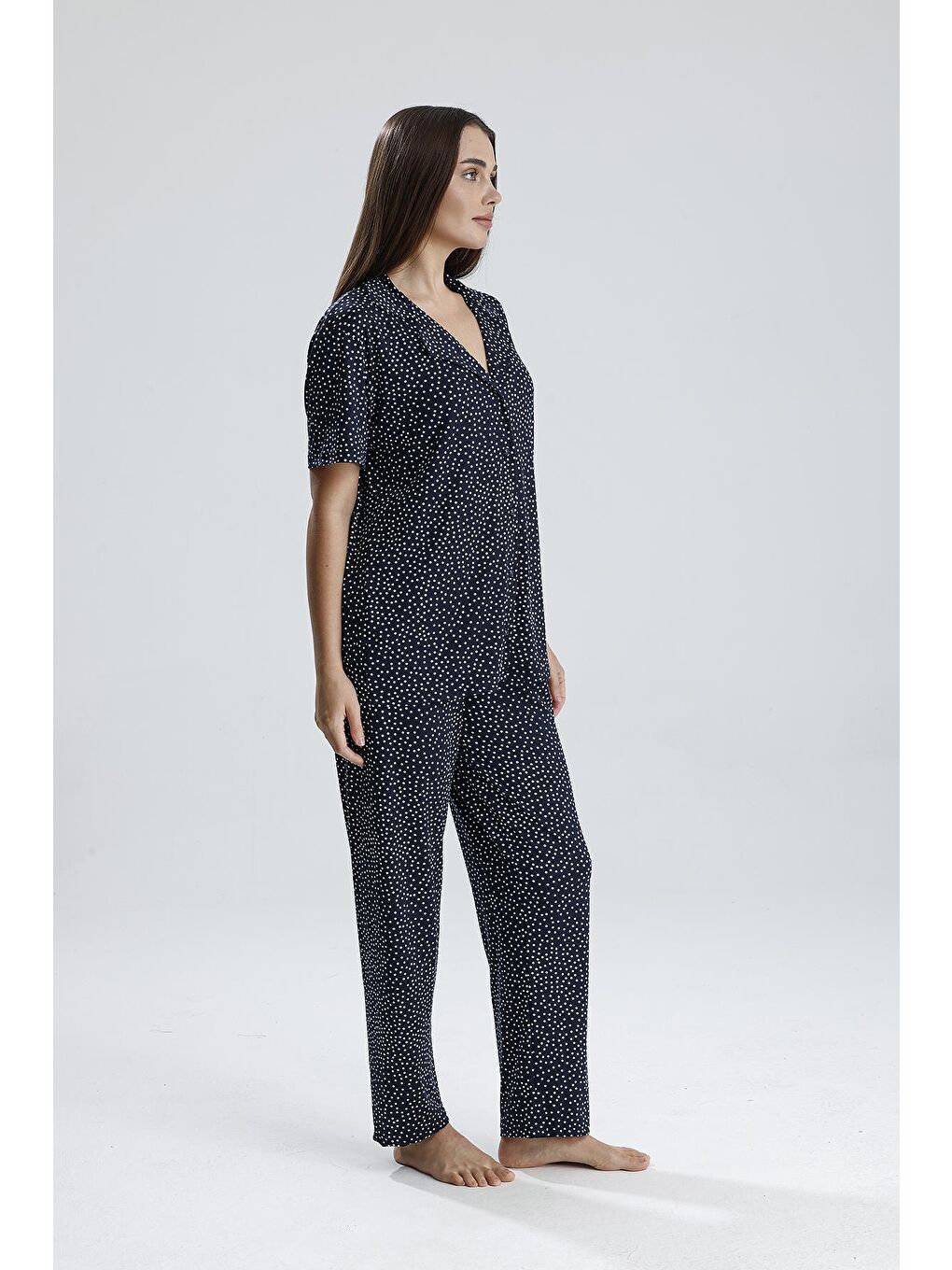 Kadın Puantiye Desen Önden Düğmeli Pijama Takım | Lacivert-3