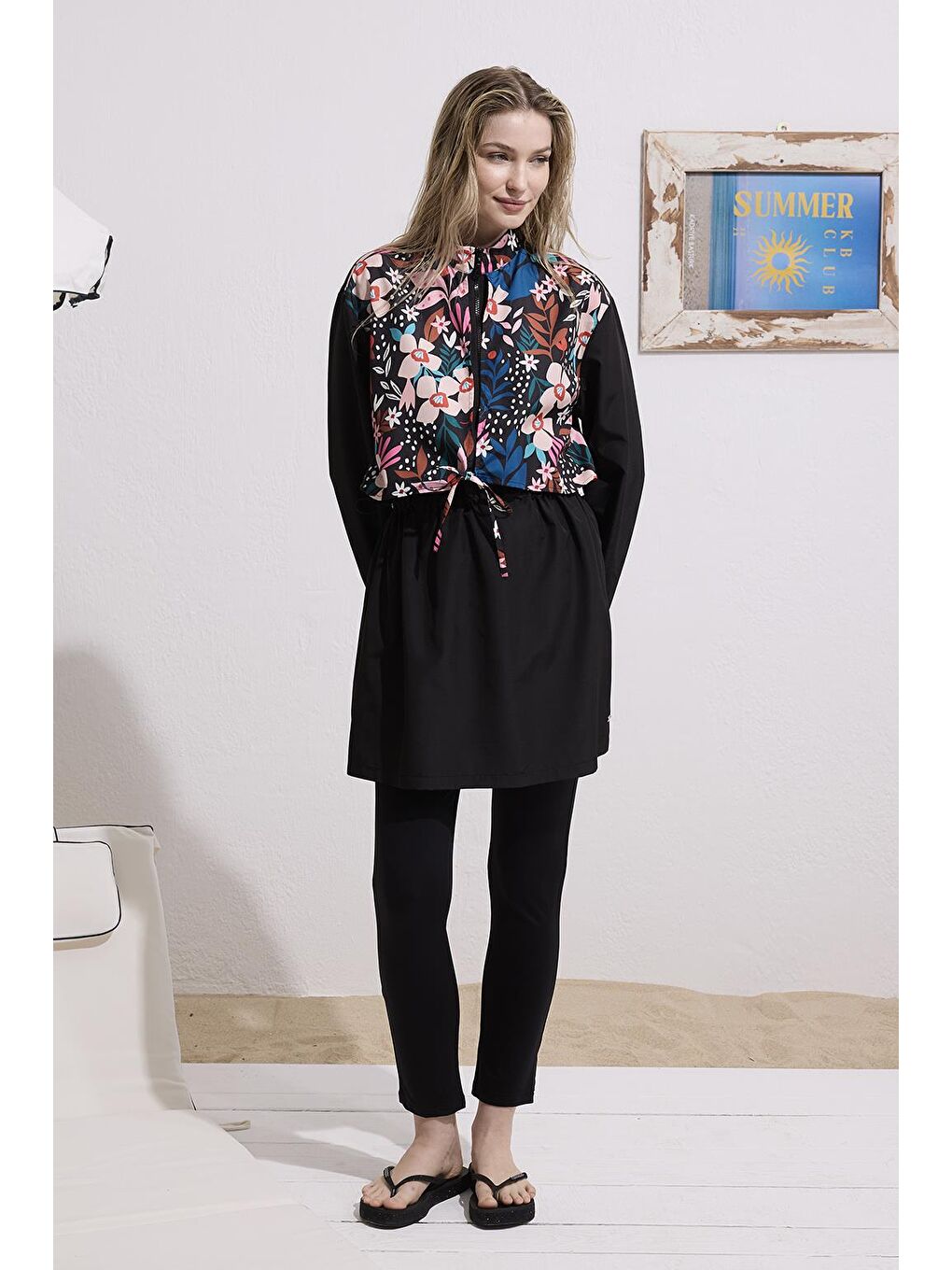 Paraşüt Desenli Bağlamalı Tesettür Mayo Takım Siyah