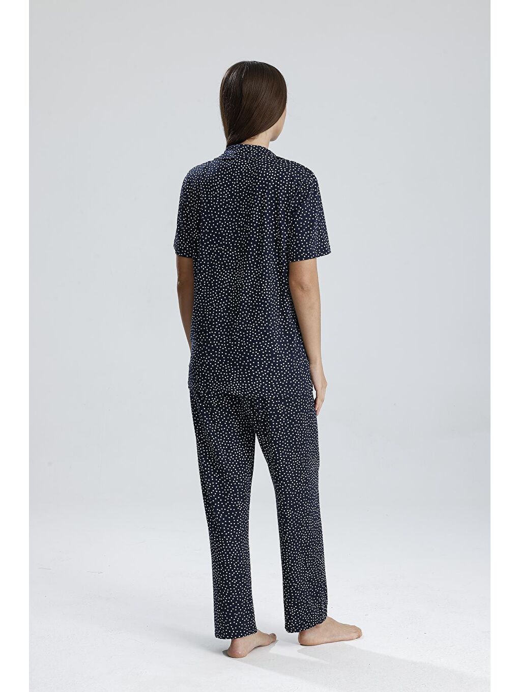 Kadın Puantiye Desen Önden Düğmeli Pijama Takım | Lacivert-4