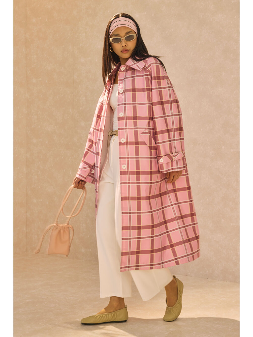 Ekose Desenli Trençkot Toz Pembe-1
