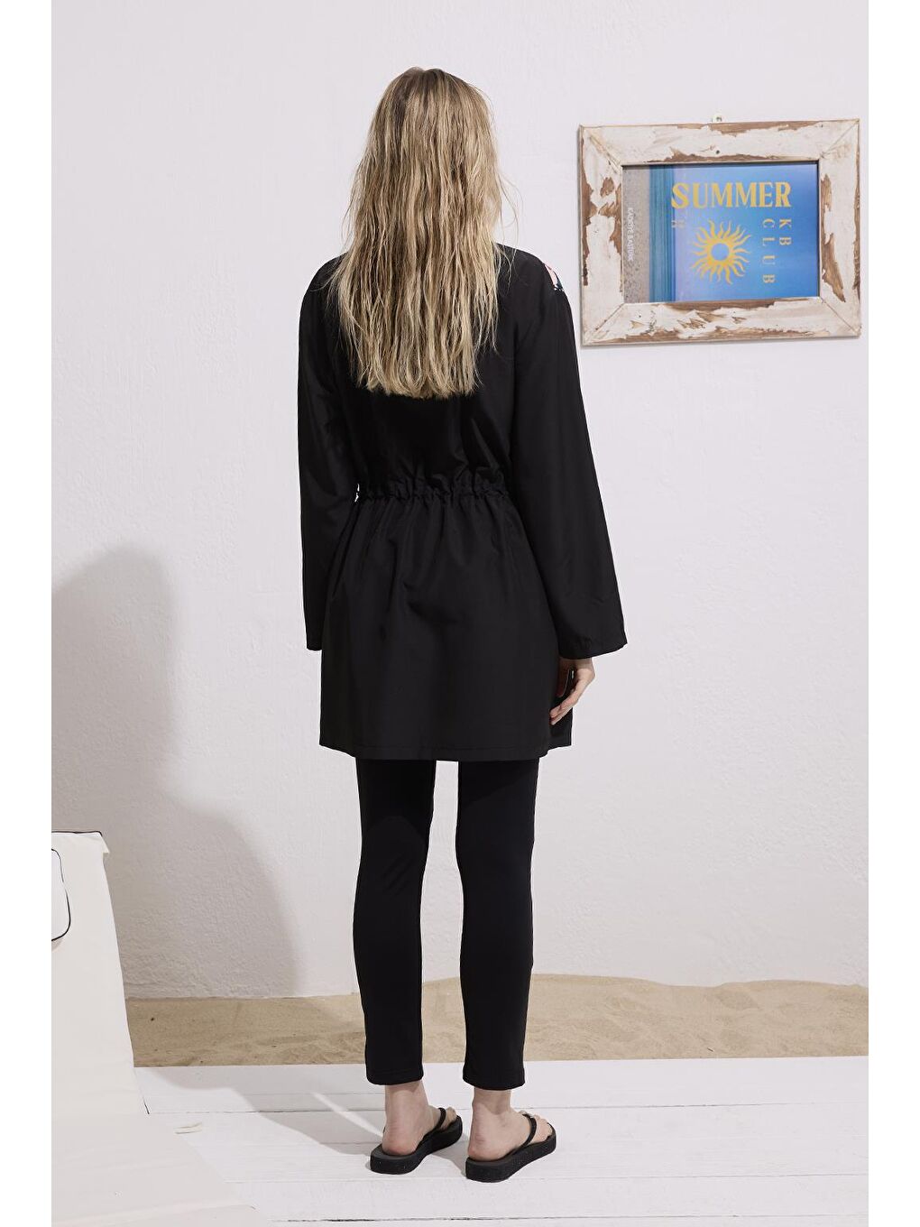 Paraşüt Desenli Bağlamalı Tesettür Mayo Takım Siyah-7