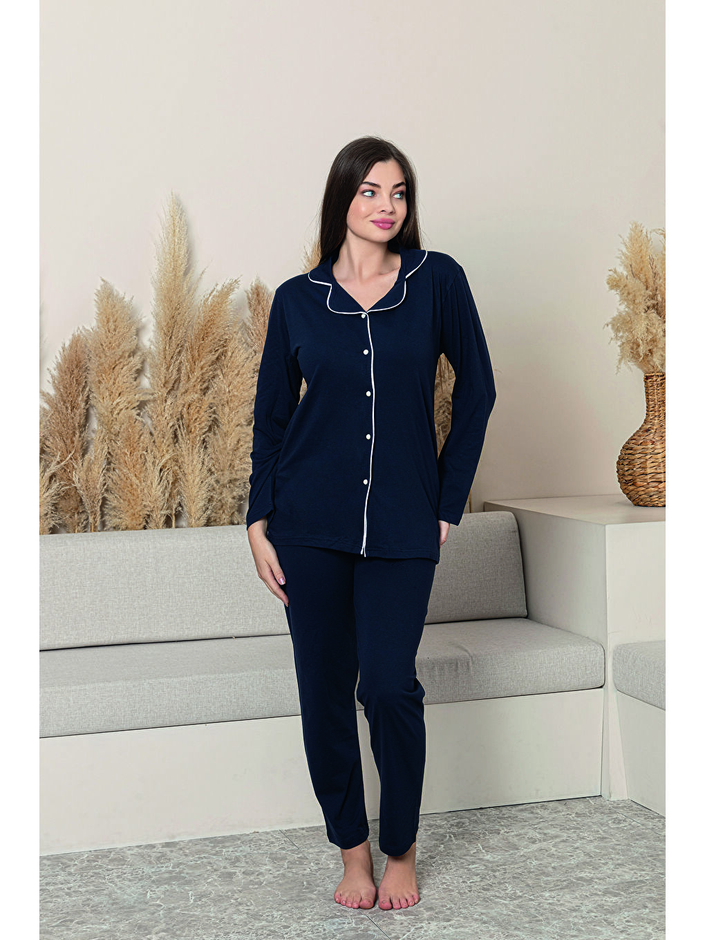 Kadın Lacivert %100 Pamuk Biyeli Yüksek Kaliteli Gömlek Yaka Düğmeli Uzun Kollu Pijama Takımı