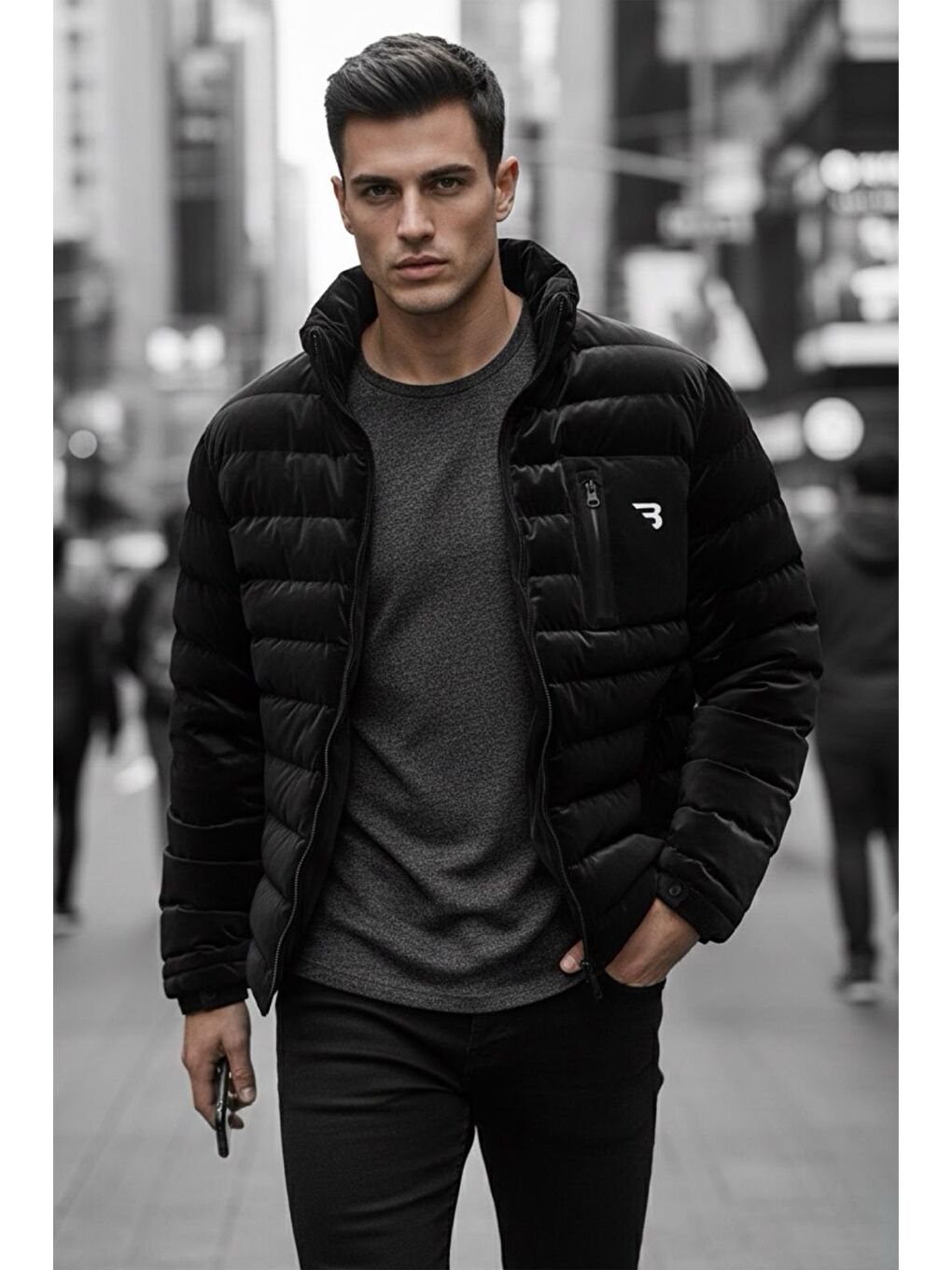 Siyah Burnyy Parlak Nova Kumaş Dik Yaka Slim Fit Şişme Erkek Mont-1