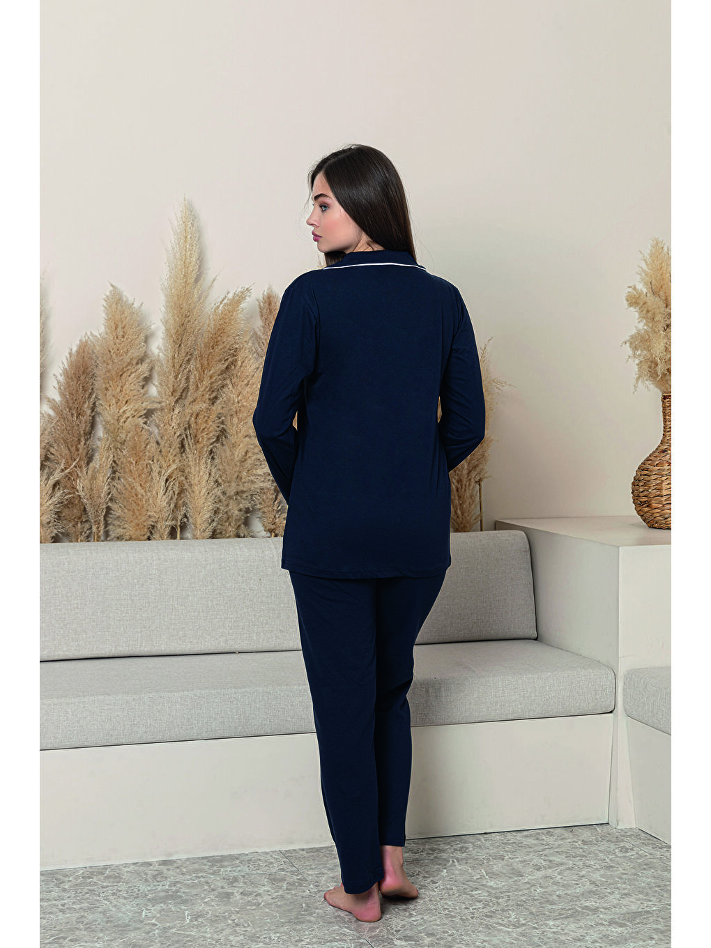 Kadın Lacivert %100 Pamuk Biyeli Yüksek Kaliteli Gömlek Yaka Düğmeli Uzun Kollu Pijama Takımı-1