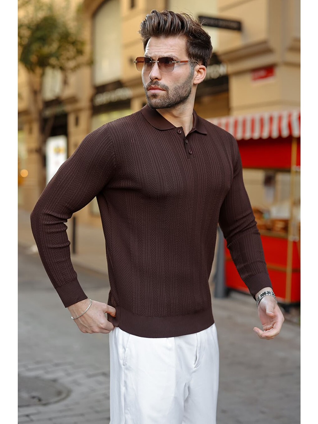 Kahverengi Düğmeli Polo Yaka Desenli Over Fit Erkek Triko Kazak E7520