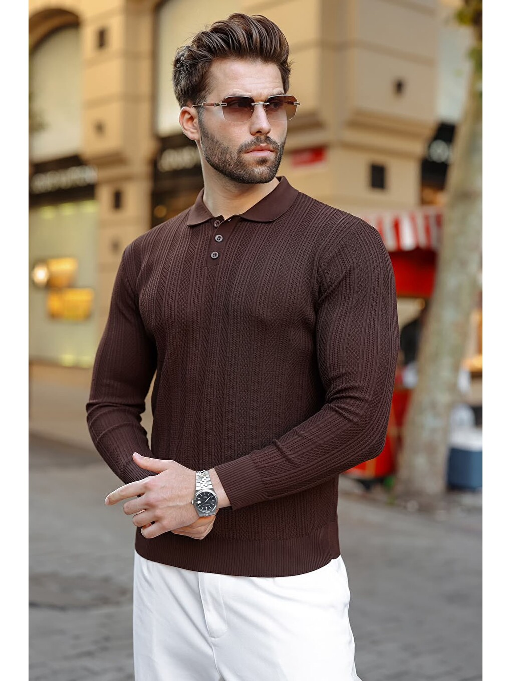 Kahverengi Düğmeli Polo Yaka Desenli Over Fit Erkek Triko Kazak E7520-1
