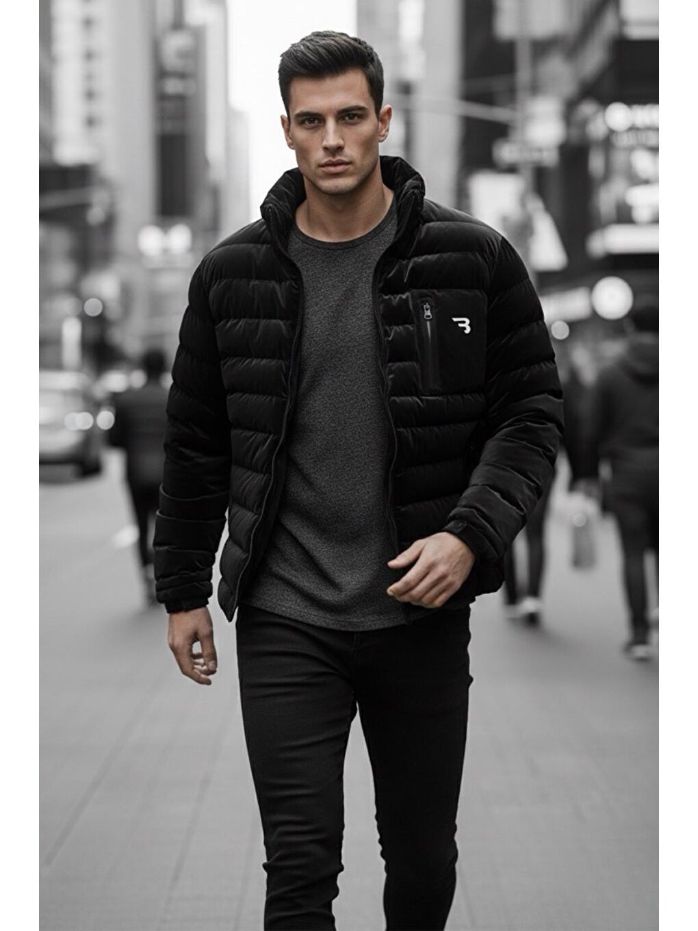 Siyah Burnyy Parlak Nova Kumaş Dik Yaka Slim Fit Şişme Erkek Mont-2