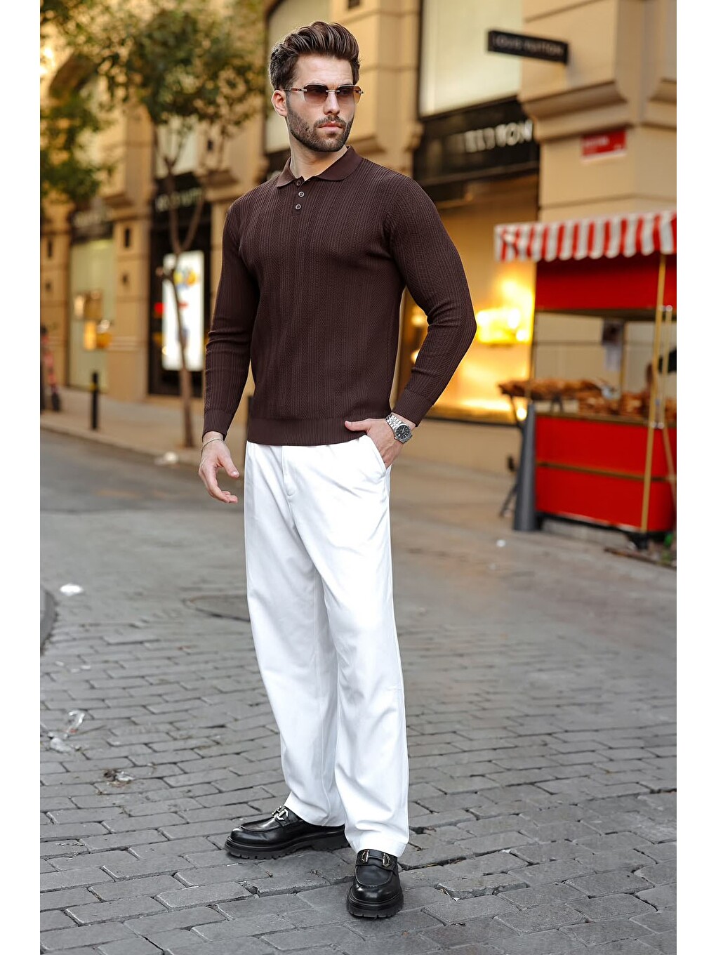 Kahverengi Düğmeli Polo Yaka Desenli Over Fit Erkek Triko Kazak E7520-3