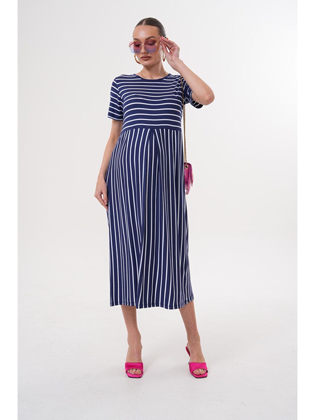 Lacivert Beyaz Çizgili Hamile ve Lohusa Kısa Kol Uzun Elbise