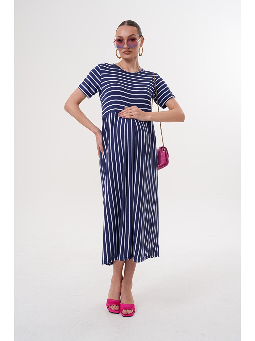 Lacivert Beyaz Çizgili Hamile ve Lohusa Kısa Kol Uzun Elbise-1