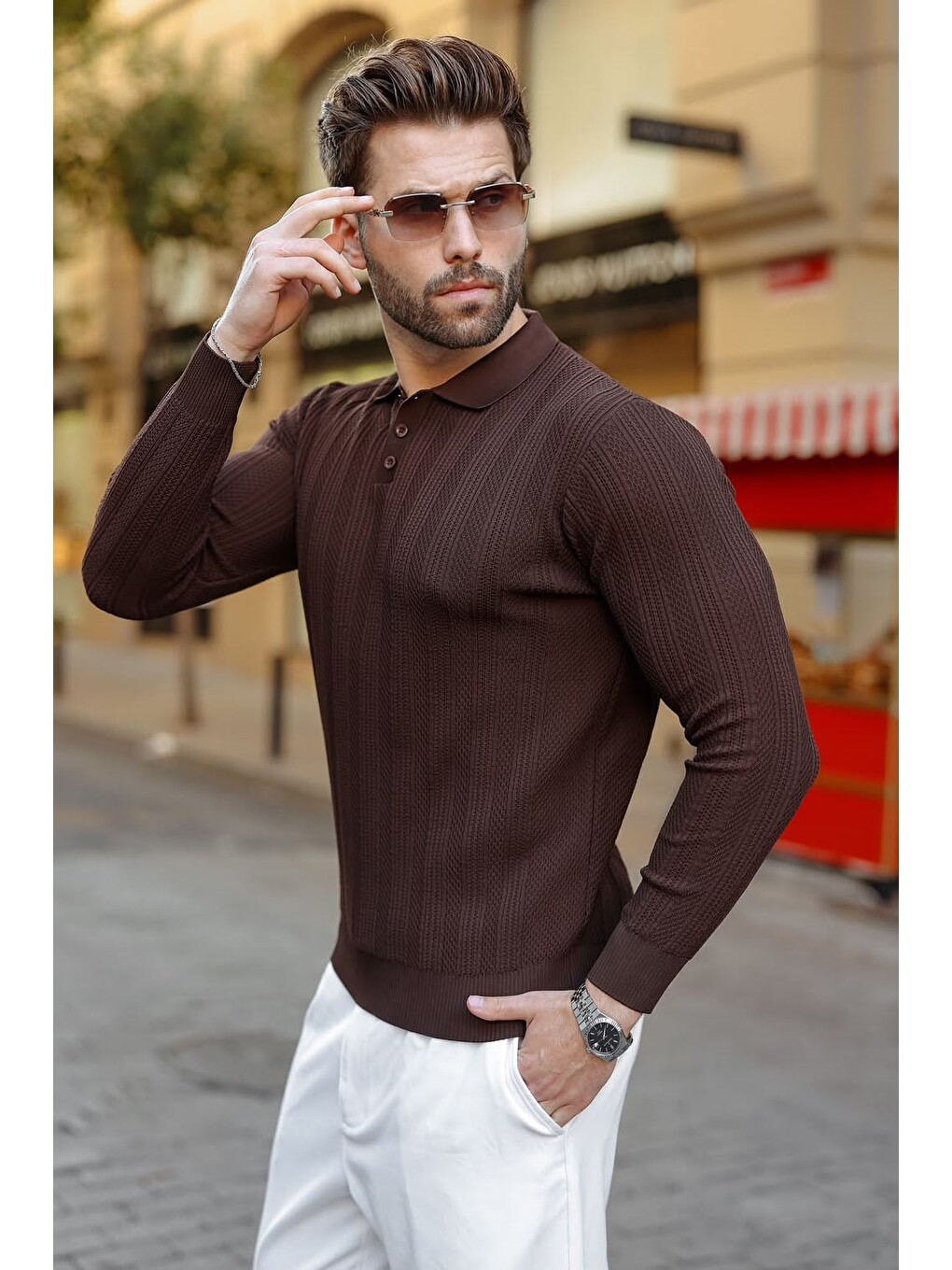 Kahverengi Düğmeli Polo Yaka Desenli Over Fit Erkek Triko Kazak E7520-4