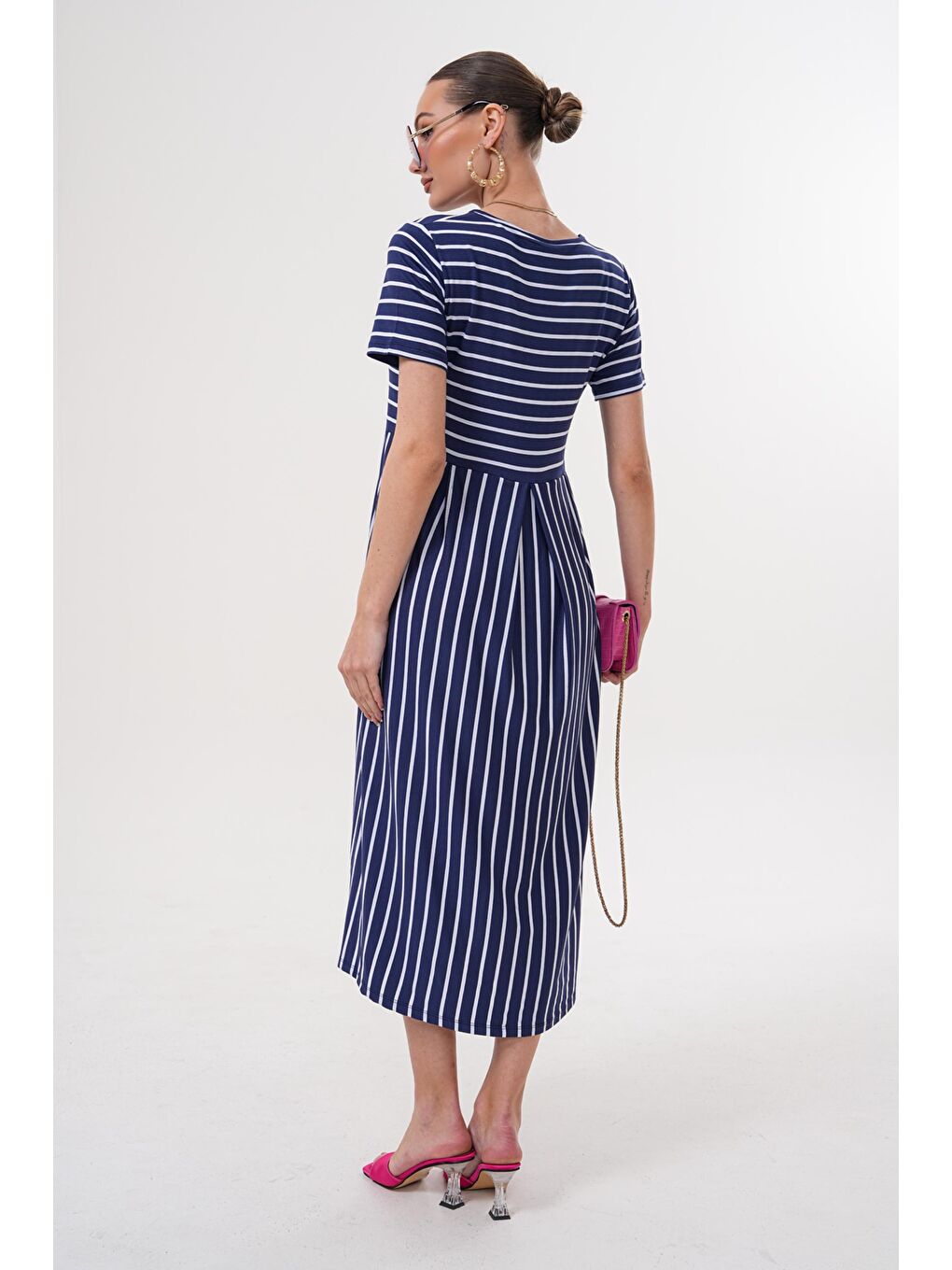 Lacivert Beyaz Çizgili Hamile ve Lohusa Kısa Kol Uzun Elbise-3