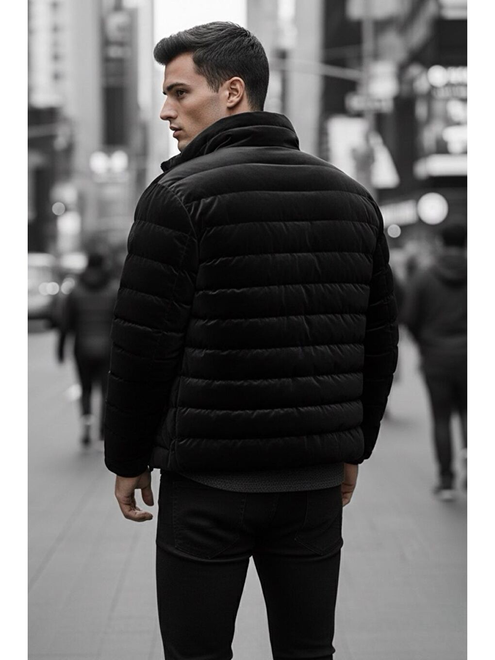 Siyah Burnyy Parlak Nova Kumaş Dik Yaka Slim Fit Şişme Erkek Mont-3