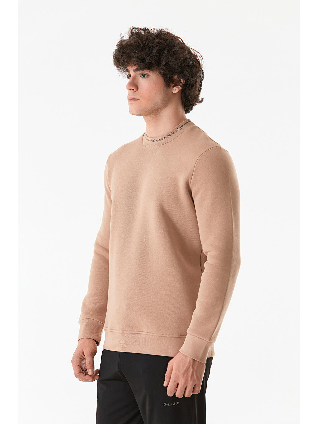 Fullamoda Camel-Bej Yazı Baskılı Dik Yaka Sweatshirt - 3