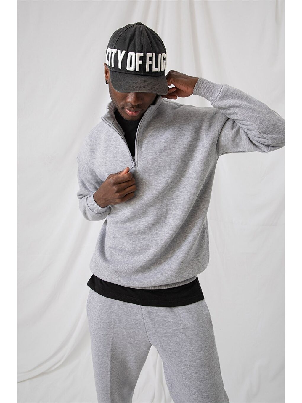 Erkek Gri Fermuarlı Oversize Sweatshirt-1