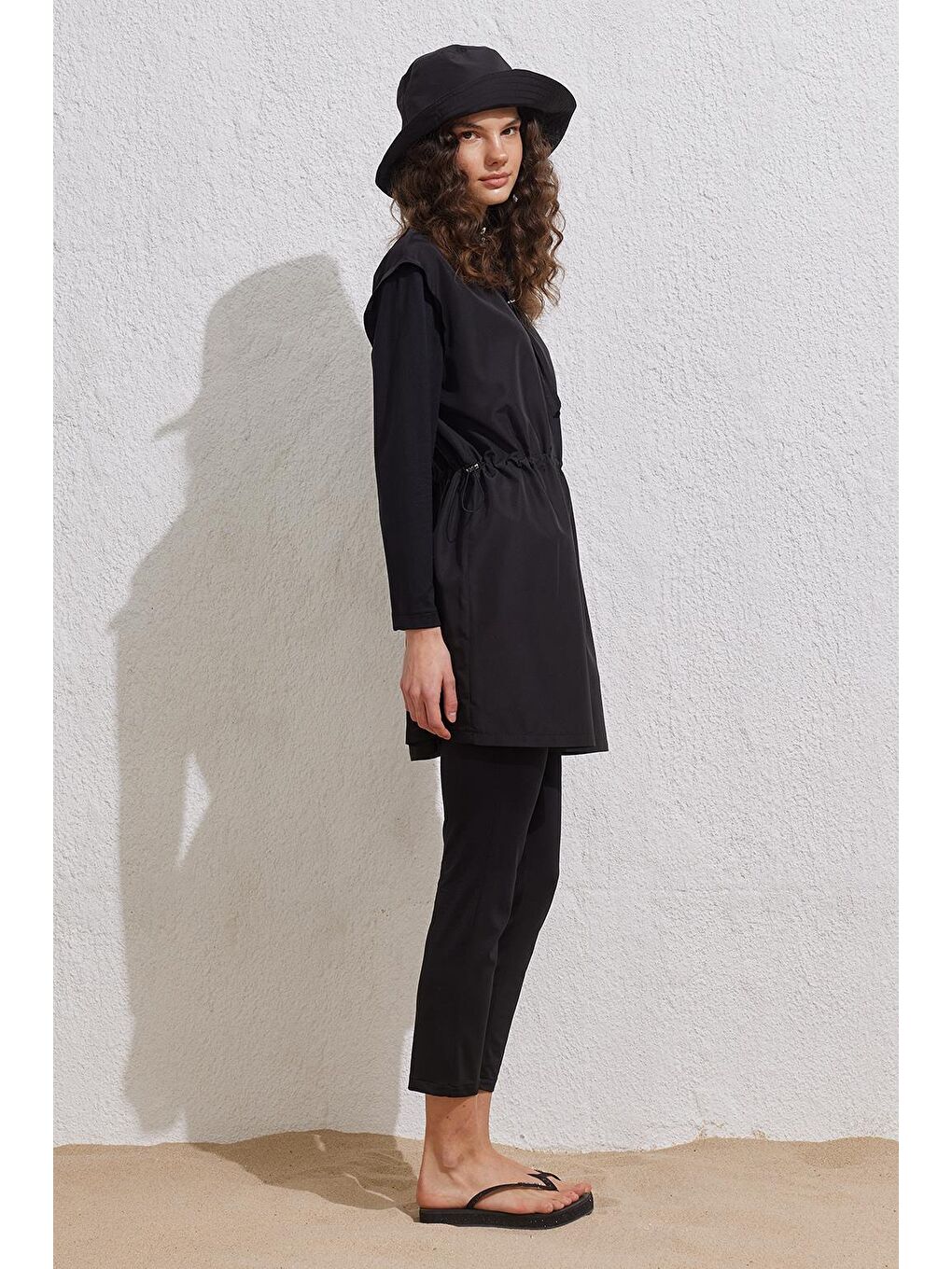 Paraşüt Beli Büzgülü Fermuarlı Tesettür Mayo Takım Siyah-6