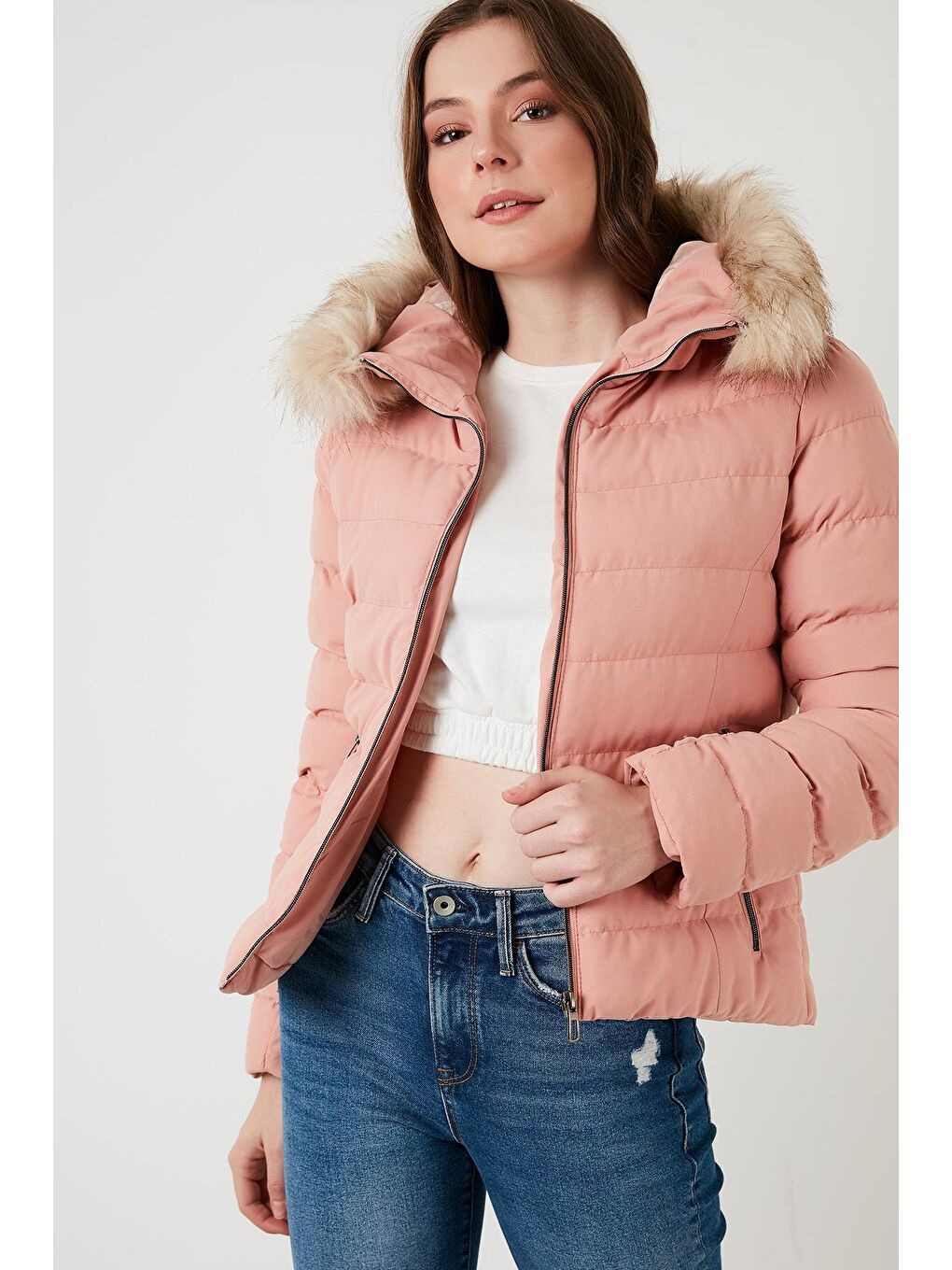 Pembe Tüylü Kapüşonlu Cepli Şişme Mont 497AURA-1