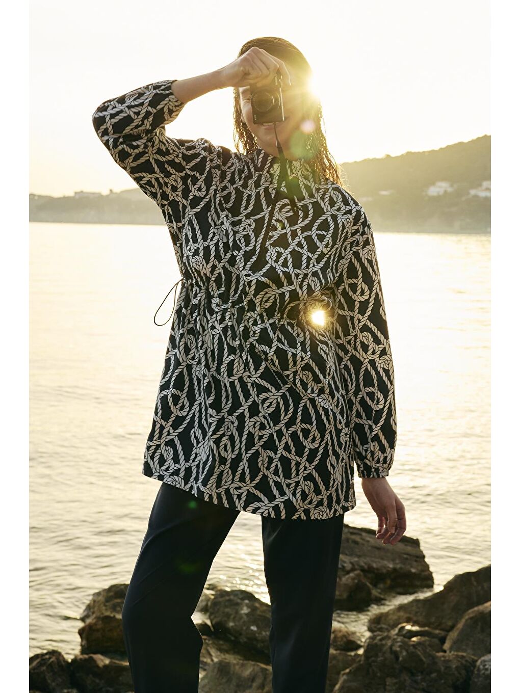 Paraşüt Beli Büzgülü Tesettür Mayo Takım Siyah-4