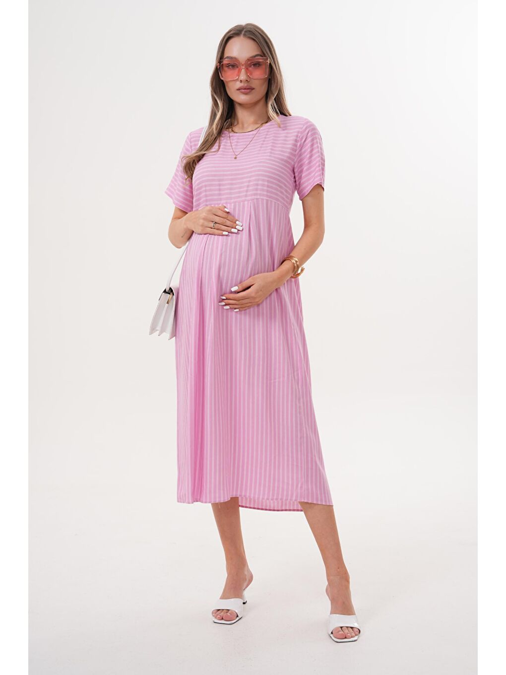 Pembe Pudra Beyaz Çizgili Hamile ve Lohusa Kısa Kol Uzun Elbise-1