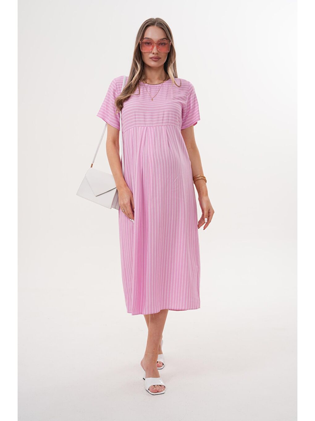 Pembe Pudra Beyaz Çizgili Hamile ve Lohusa Kısa Kol Uzun Elbise-2