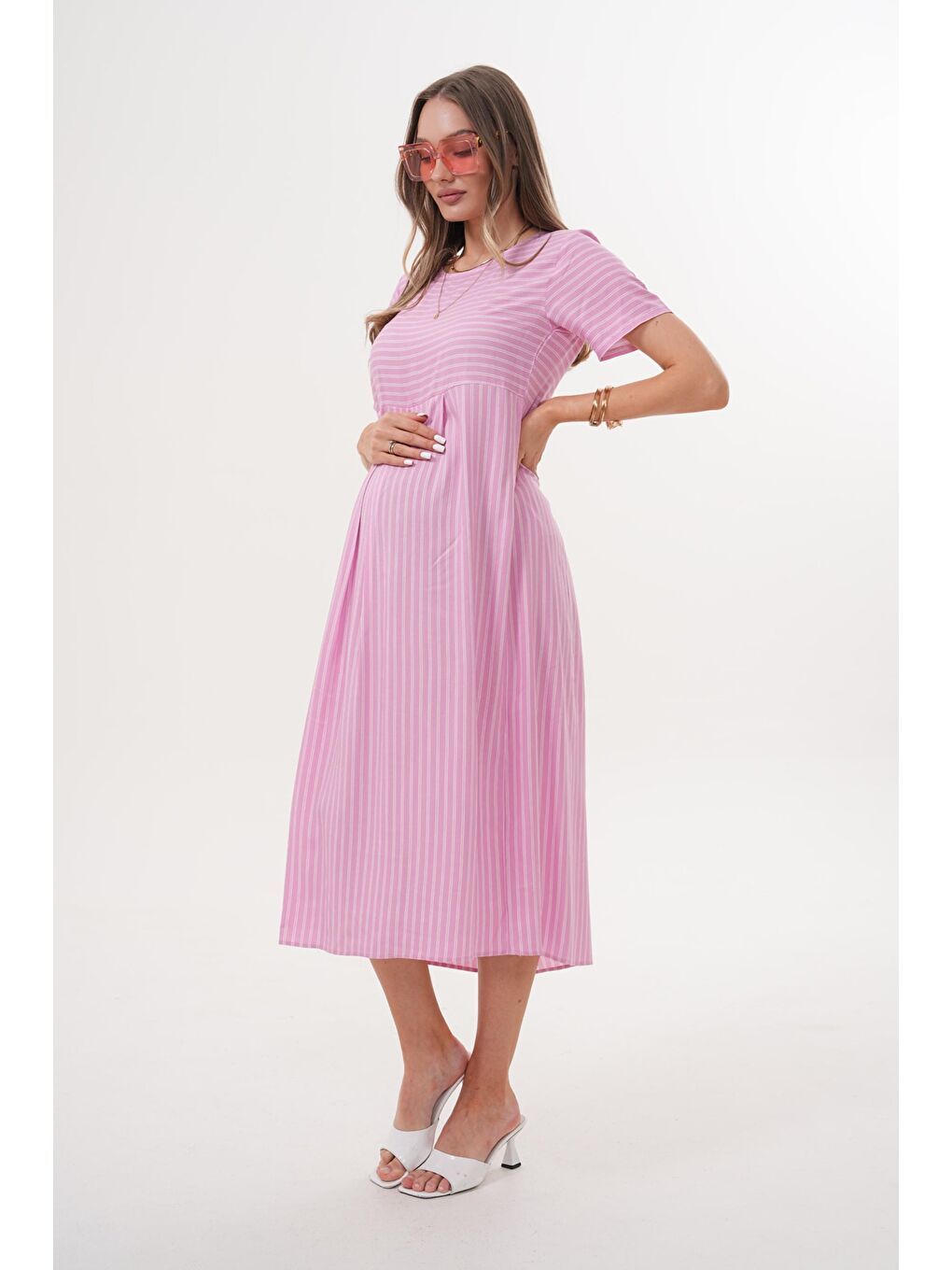 Pembe Pudra Beyaz Çizgili Hamile ve Lohusa Kısa Kol Uzun Elbise-3