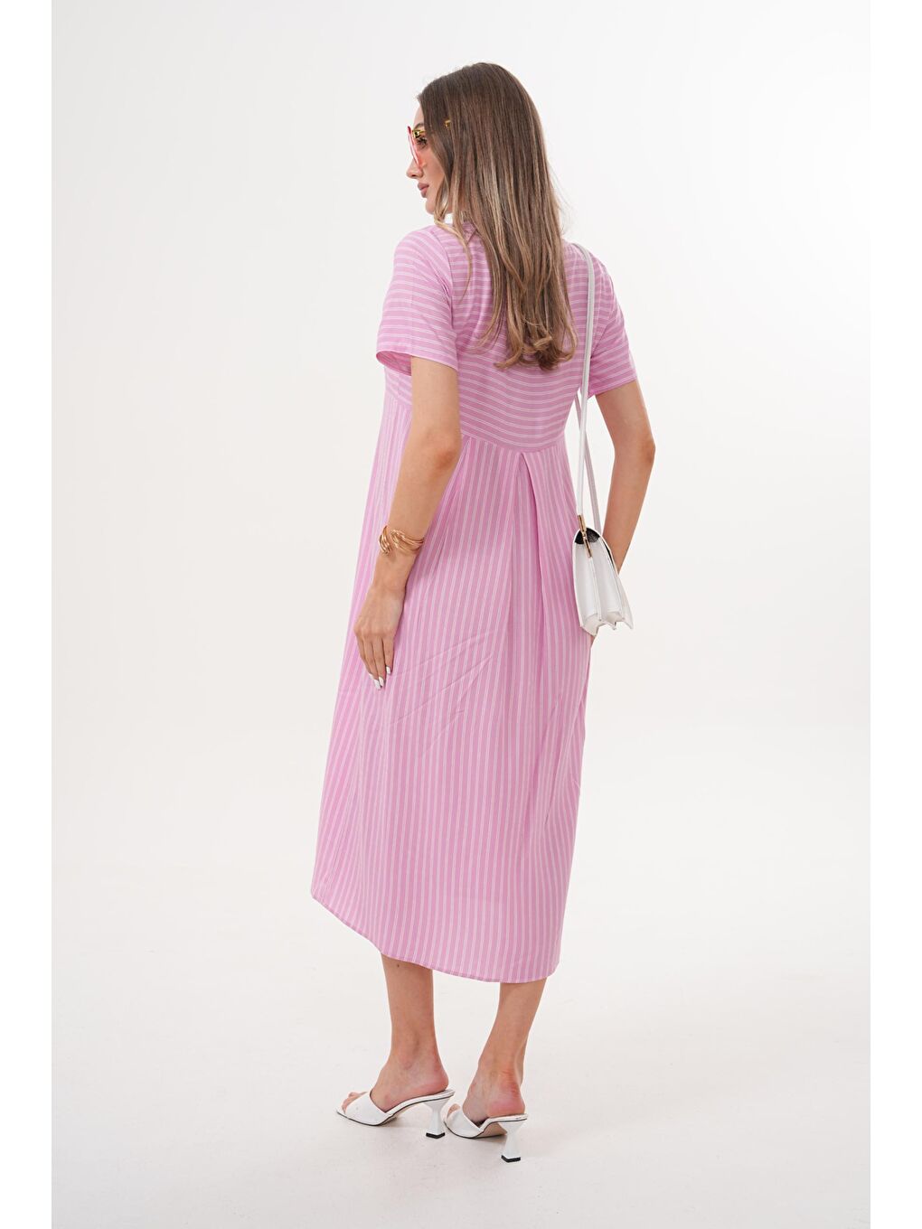 Pembe Pudra Beyaz Çizgili Hamile ve Lohusa Kısa Kol Uzun Elbise-4