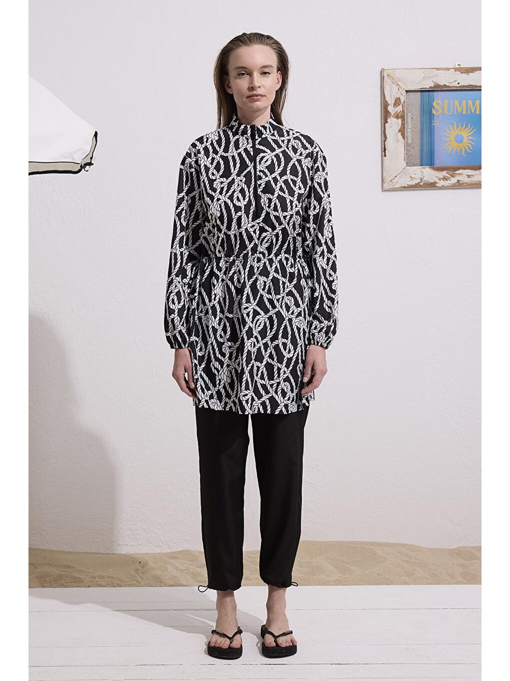 Paraşüt Beli Büzgülü Tesettür Mayo Takım Siyah-6