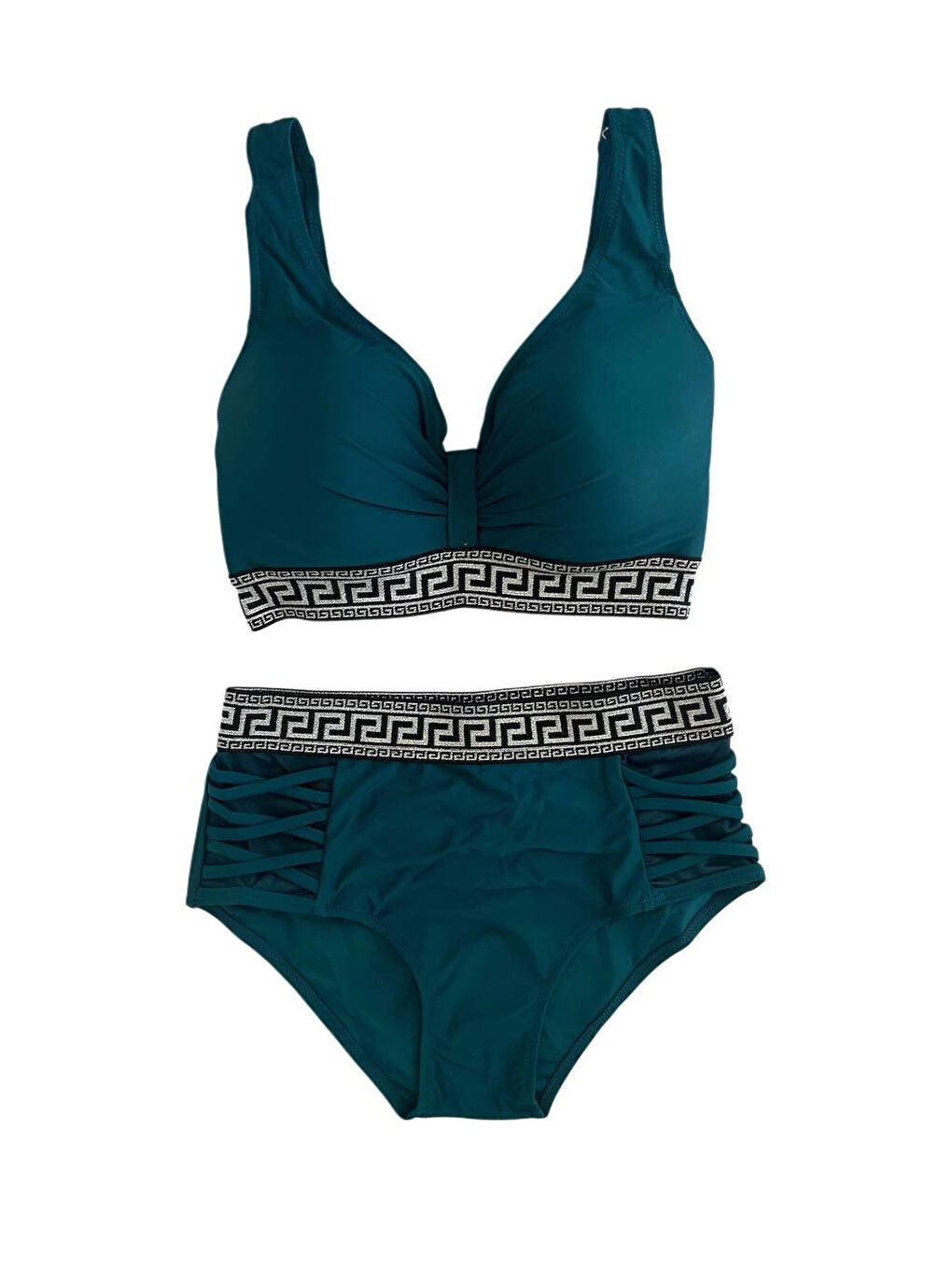 Kadın Yeşil Yüksek Bel Yanları Şerit Detaylı Desenli Lastikli Destekli Bikini Takımı HZL25S-LC201-1