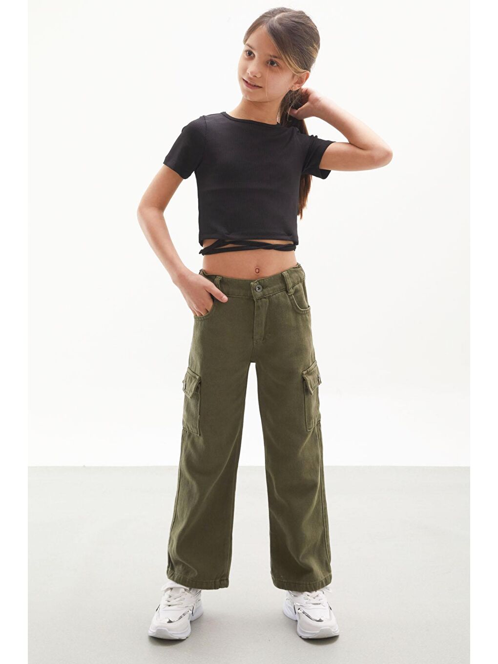 Haki Kargo Cepli İspanyol Paça Kız Çocuk Jean Pantolon